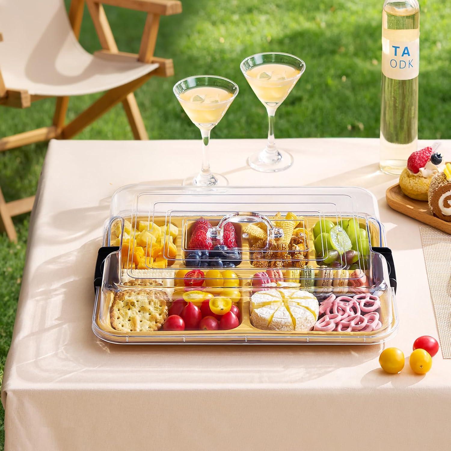 imageLifewit 1 Compartment Melamine Charcuterie Board 11 x 14 Inch Portable Cheese Board with Plastic Lockable Clear Lid Travel Charcuterie Board Serving Platter with Cover for Snacks Fruit Appetizers6 Compartment