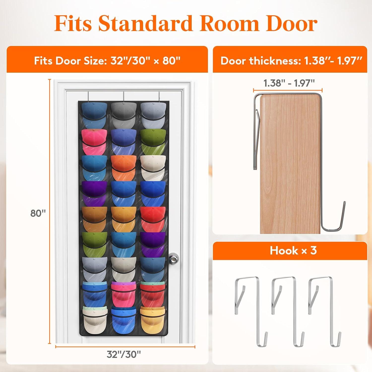 imageLifewit 1 Pack Over The Door Hat Organizer for Baseball Caps 24 Clear Deep Pockets Hat Rack Stand with 3 Hooks Hanging Hat Storage Cap Holder Hat Hanger for Protection and Display2