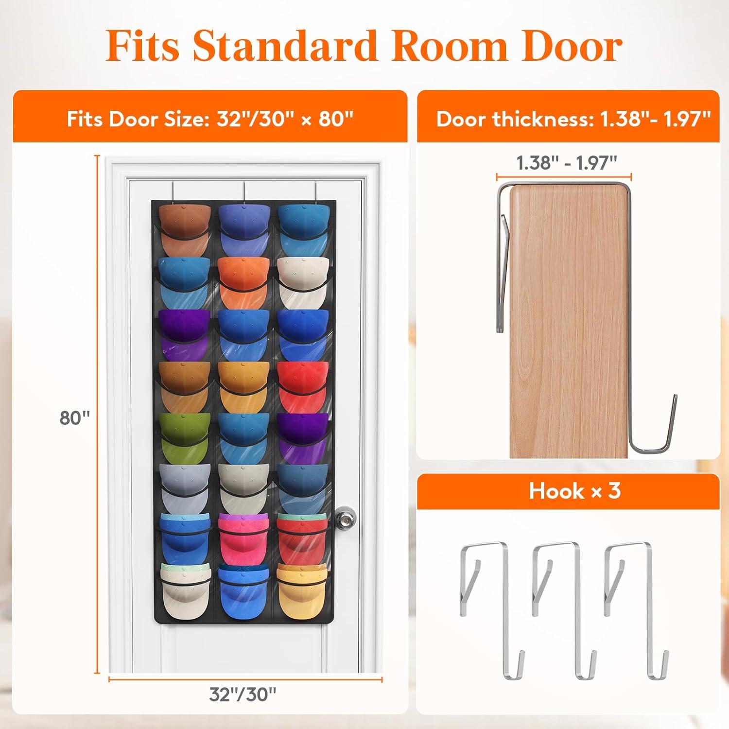 imageLifewit 1 Pack Over The Door Hat Organizer for Baseball Caps 24 Clear Deep Pockets Hat Rack Stand with 3 Hooks Hanging Hat Storage Cap Holder Hat Hanger for Protection and Display2