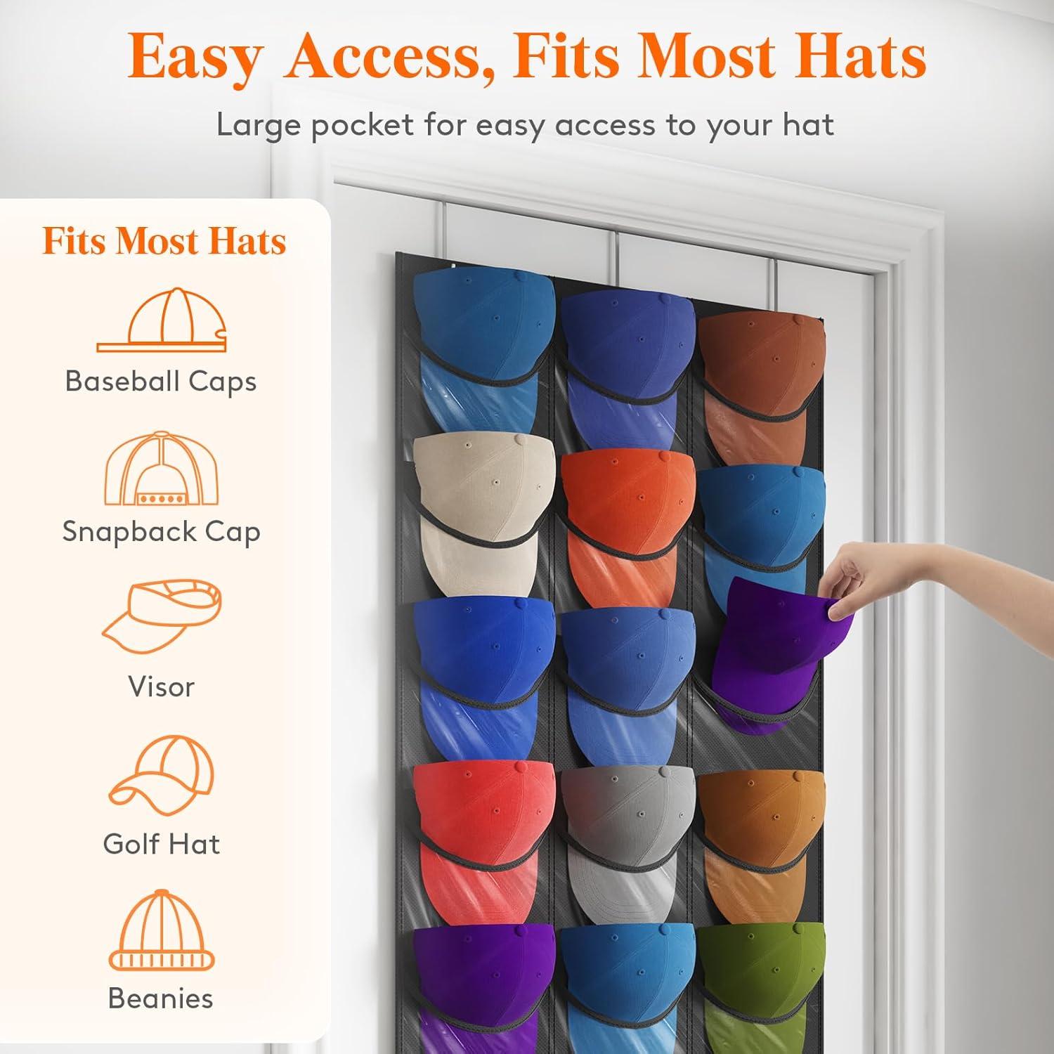 imageLifewit 1 Pack Over The Door Hat Organizer for Baseball Caps 24 Clear Deep Pockets Hat Rack Stand with 3 Hooks Hanging Hat Storage Cap Holder Hat Hanger for Protection and Display2
