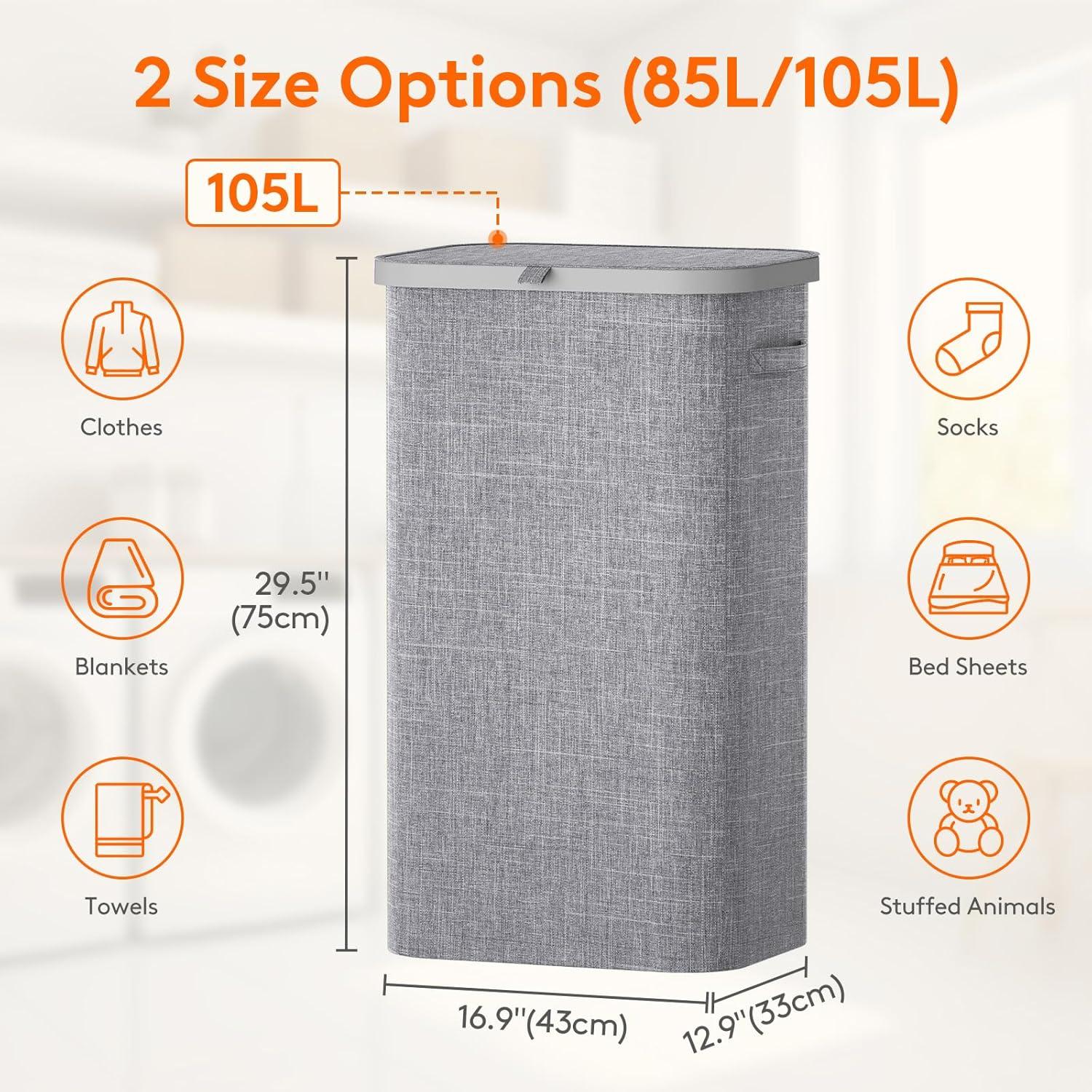 imageLifewit 105L Laundry Basket with Lid Large Laundry Hamper with Plastic Handles and Removable Bag Foldable Tall Dirty Clothes Hampers for Laundry for Laundry Room Bedroom Bathroom Dorm BeigeLight Gray