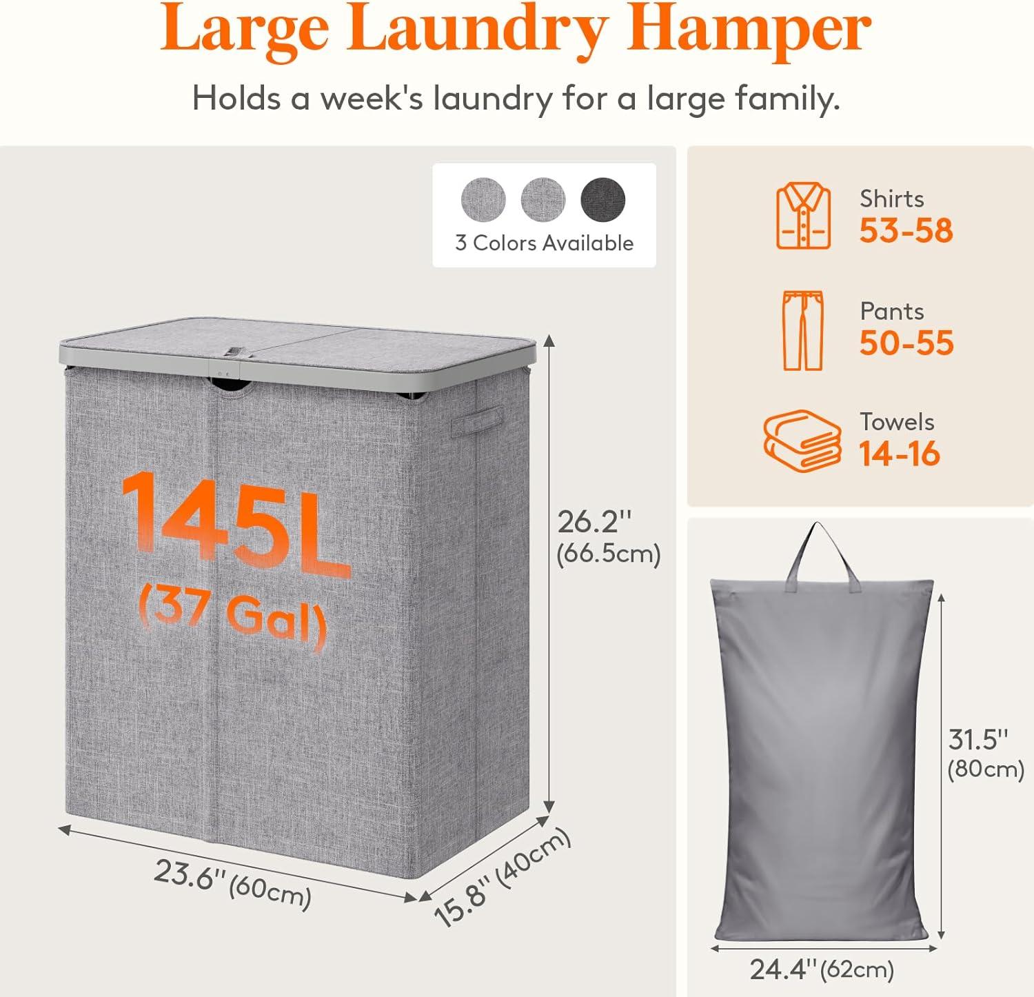 imageLifewit 105L Laundry Basket with Lid Large Laundry Hamper with Plastic Handles and Removable Bag Foldable Tall Dirty Clothes Hampers for Laundry for Laundry Room Bedroom Bathroom Dorm BeigeLight Gray