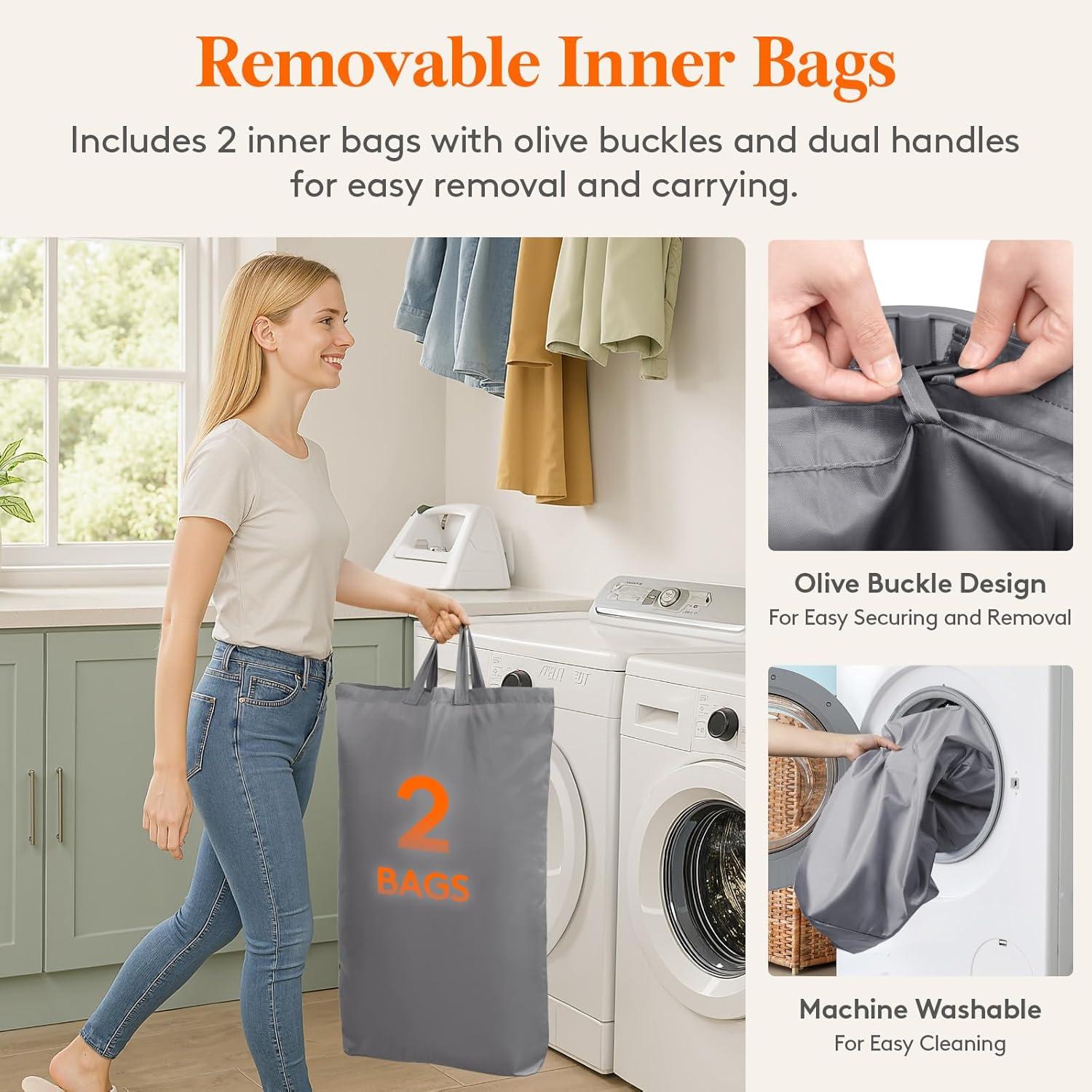 imageLifewit 105L Laundry Basket with Lid Large Laundry Hamper with Plastic Handles and Removable Bag Foldable Tall Dirty Clothes Hampers for Laundry for Laundry Room Bedroom Bathroom Dorm BeigeLight Gray