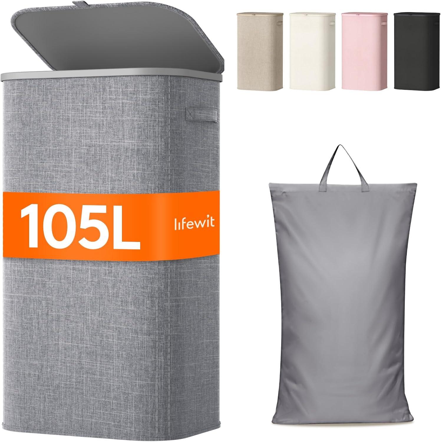 imageLifewit 105L Laundry Basket with Lid Large Laundry Hamper with Plastic Handles and Removable Bag Foldable Tall Dirty Clothes Hampers for Laundry for Laundry Room Bedroom Bathroom Dorm BeigeLight Gray