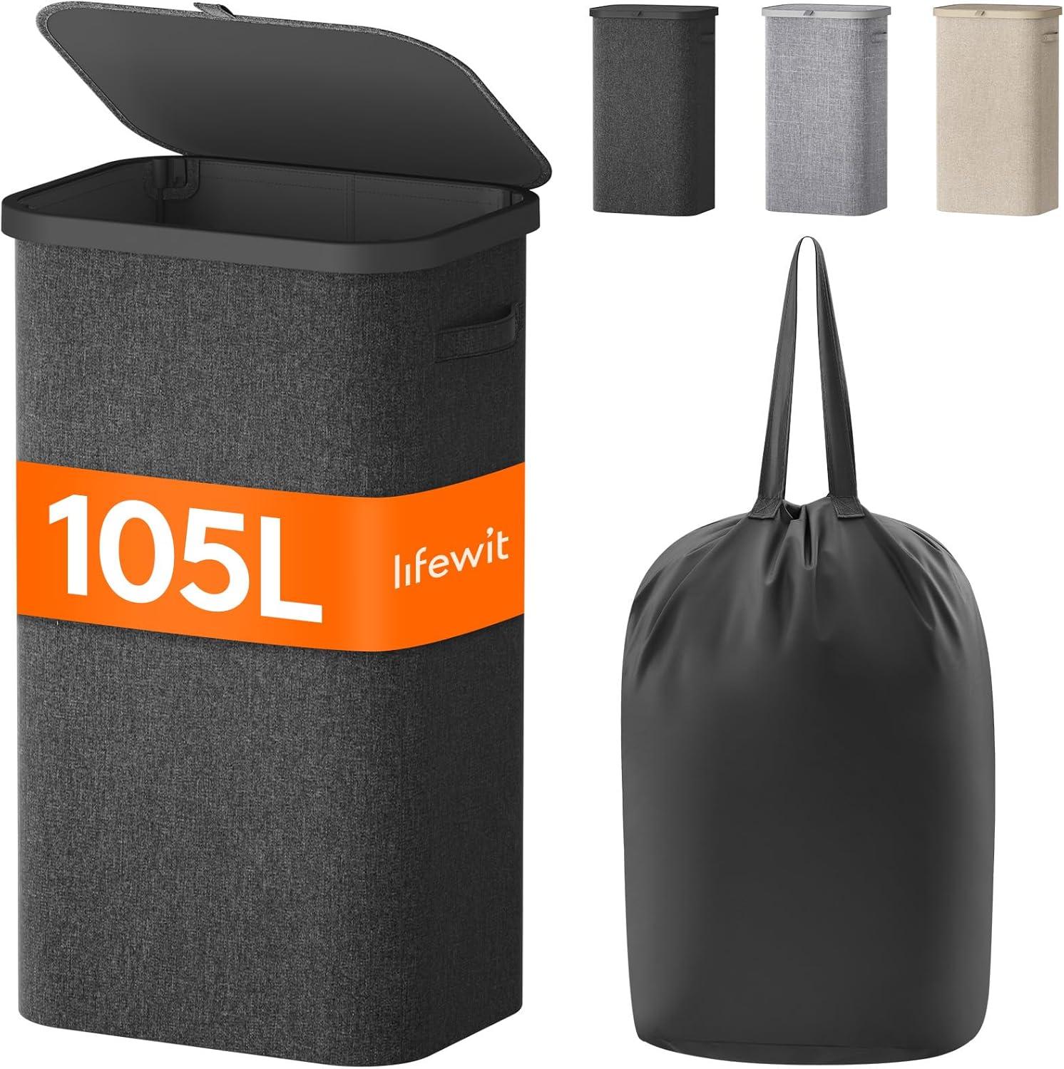 imageLifewit 105L Laundry Basket with Lid Large Laundry Hamper with Plastic Handles and Removable Bag Foldable Tall Dirty Clothes Hampers for Laundry for Laundry Room Bedroom Bathroom Dorm BeigeDark Gray
