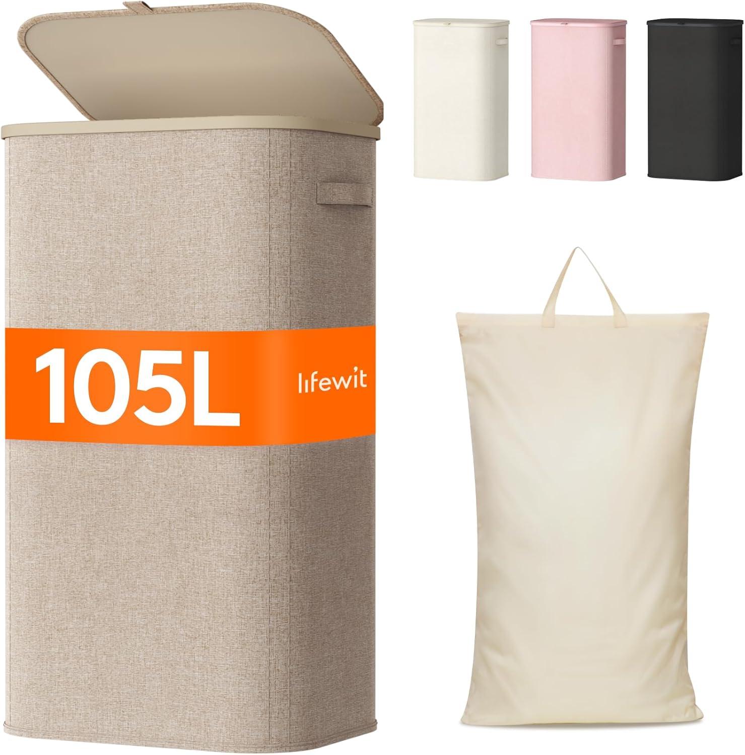 imageLifewit 105L Laundry Basket with Lid Large Laundry Hamper with Plastic Handles and Removable Bag Foldable Tall Dirty Clothes Hampers for Laundry for Laundry Room Bedroom Bathroom Dorm BeigeBeige