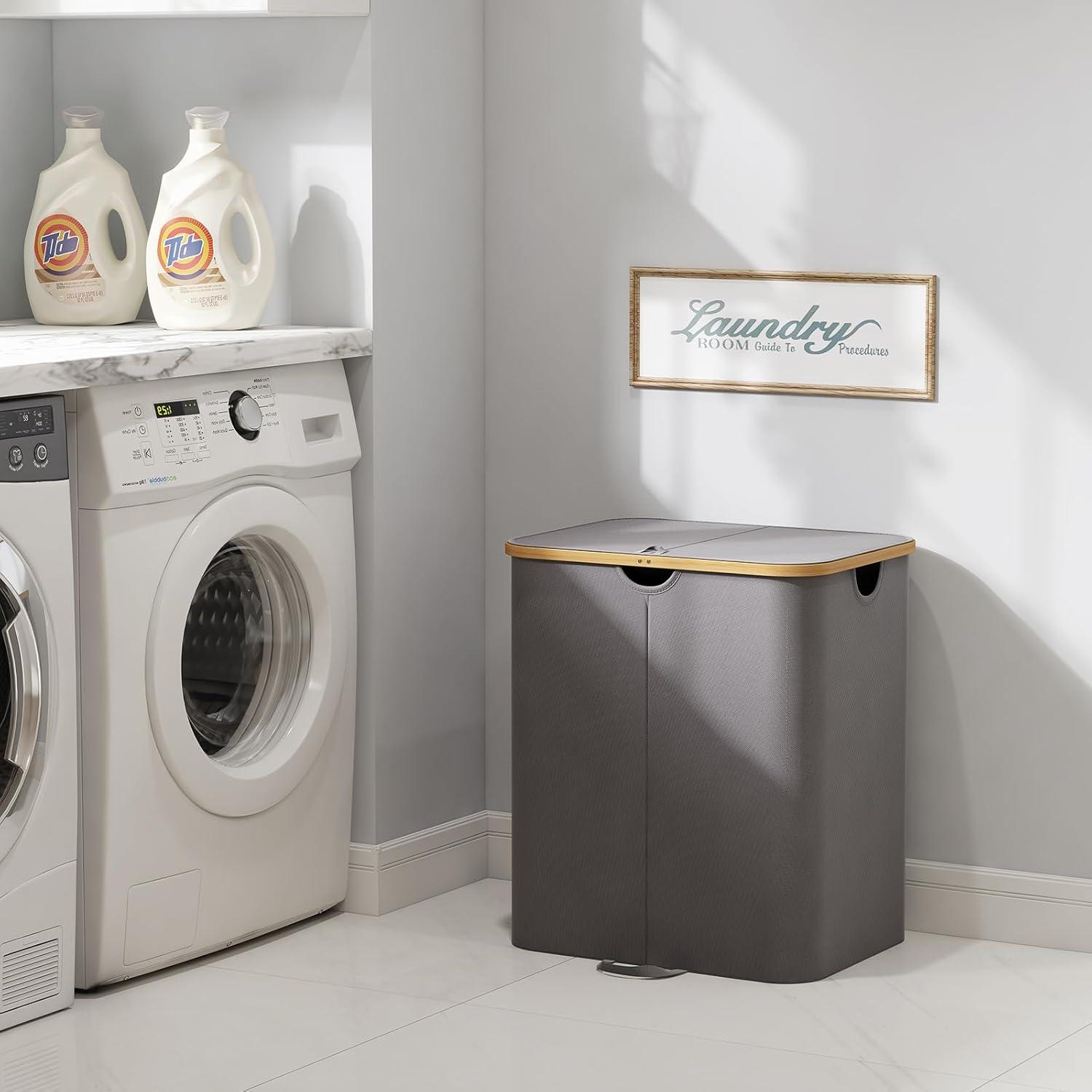 imageLifewit 120L Double Laundry Hamper with Lid Large Dual Laundry Basket Removable Bags 2 Sections Aesthetic Clothes Hampers for Laundry with Bamboo Handles for Bedroom Bathroom Dorm BlackGrey