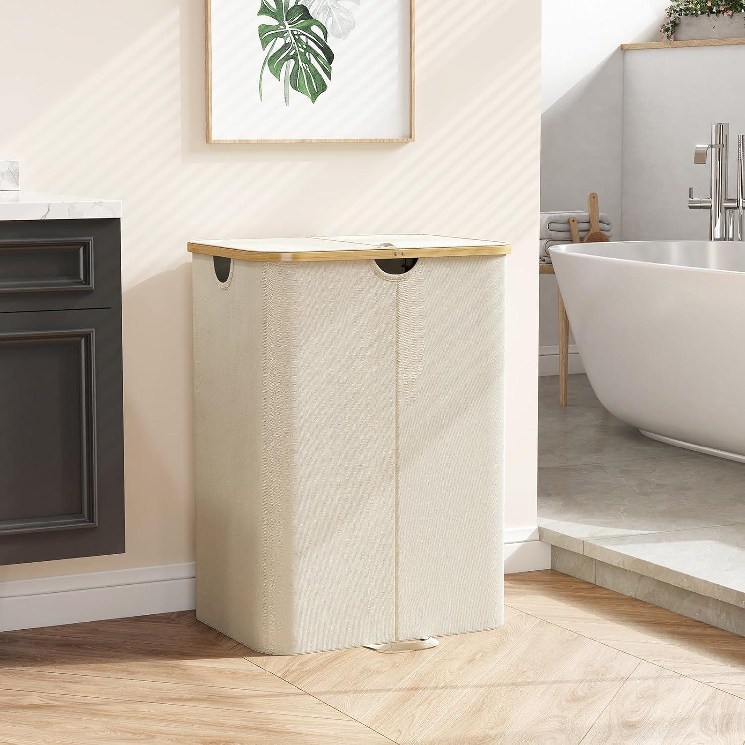 imageLifewit 120L Double Laundry Hamper with Lid Large Dual Laundry Basket Removable Bags 2 Sections Aesthetic Clothes Hampers for Laundry with Bamboo Handles for Bedroom Bathroom Dorm BlackBeige