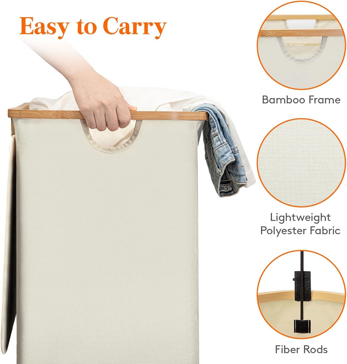 imageLifewit 120L Double Laundry Hamper with Lid Large Dual Laundry Basket Removable Bags 2 Sections Aesthetic Clothes Hampers for Laundry with Bamboo Handles for Bedroom Bathroom Dorm BlackBeige