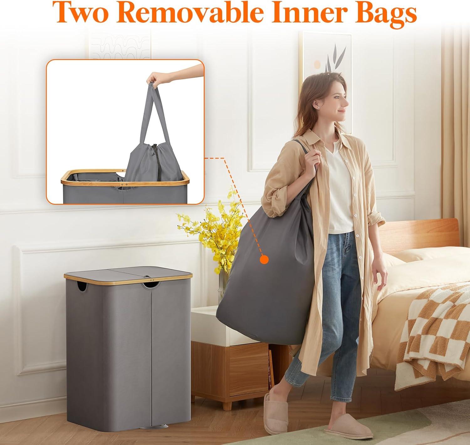 imageLifewit 120L Double Laundry Hamper with Lid Large Dual Laundry Basket Removable Bags 2 Sections Aesthetic Clothes Hampers for Laundry with Bamboo Handles for Bedroom Bathroom Dorm BlackGrey