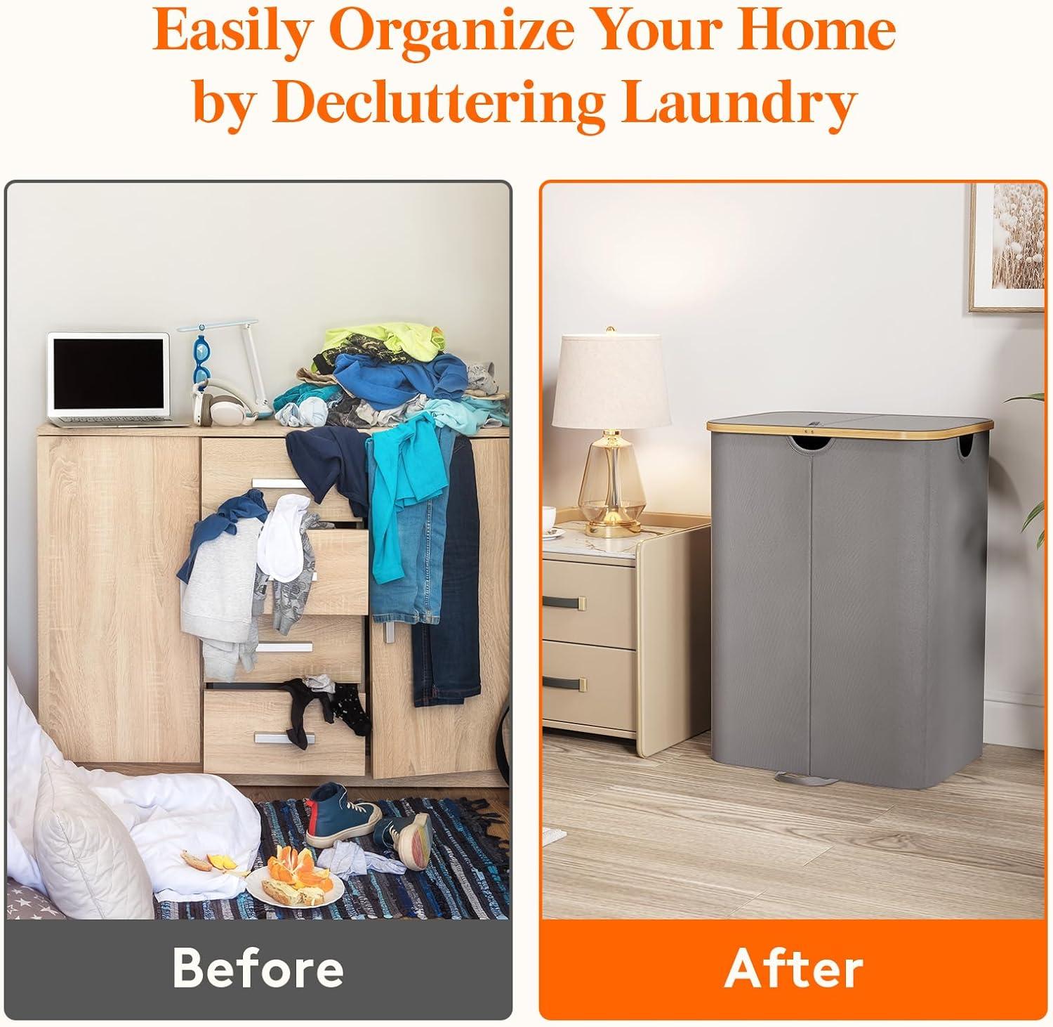 imageLifewit 120L Double Laundry Hamper with Lid Large Dual Laundry Basket Removable Bags 2 Sections Aesthetic Clothes Hampers for Laundry with Bamboo Handles for Bedroom Bathroom Dorm BlackGrey