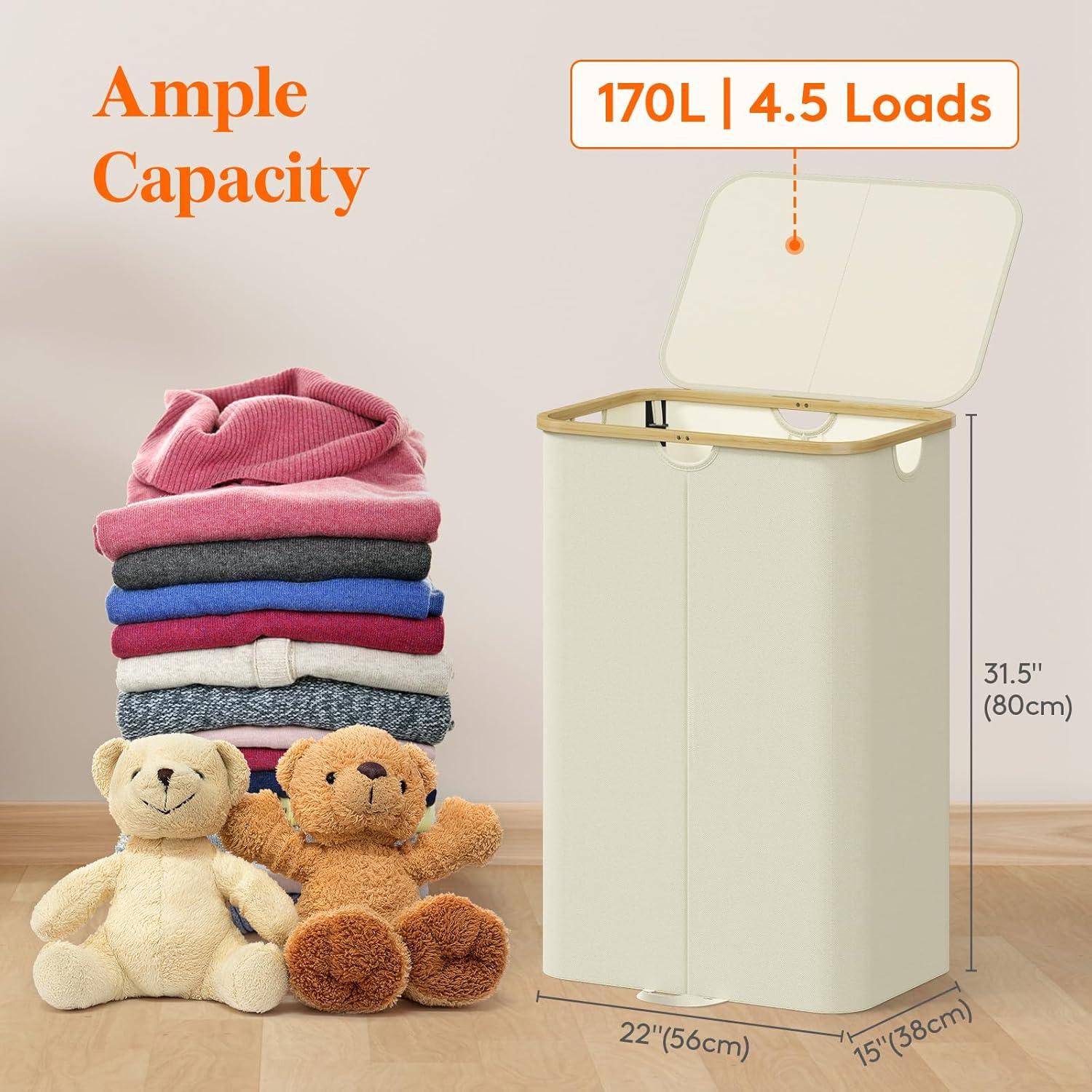 imageLifewit 120L Double Laundry Hamper with Lid Large Dual Laundry Basket Removable Bags 2 Sections Aesthetic Clothes Hampers for Laundry with Bamboo Handles for Bedroom Bathroom Dorm BlackBeige