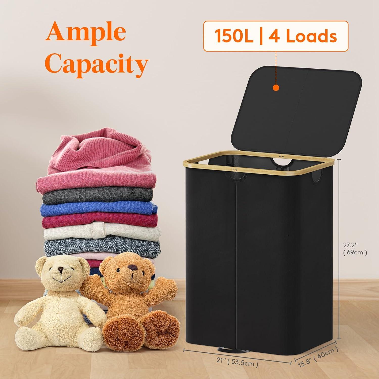 imageLifewit 120L Double Laundry Hamper with Lid Large Dual Laundry Basket Removable Bags 2 Sections Aesthetic Clothes Hampers for Laundry with Bamboo Handles for Bedroom Bathroom Dorm BlackBlack