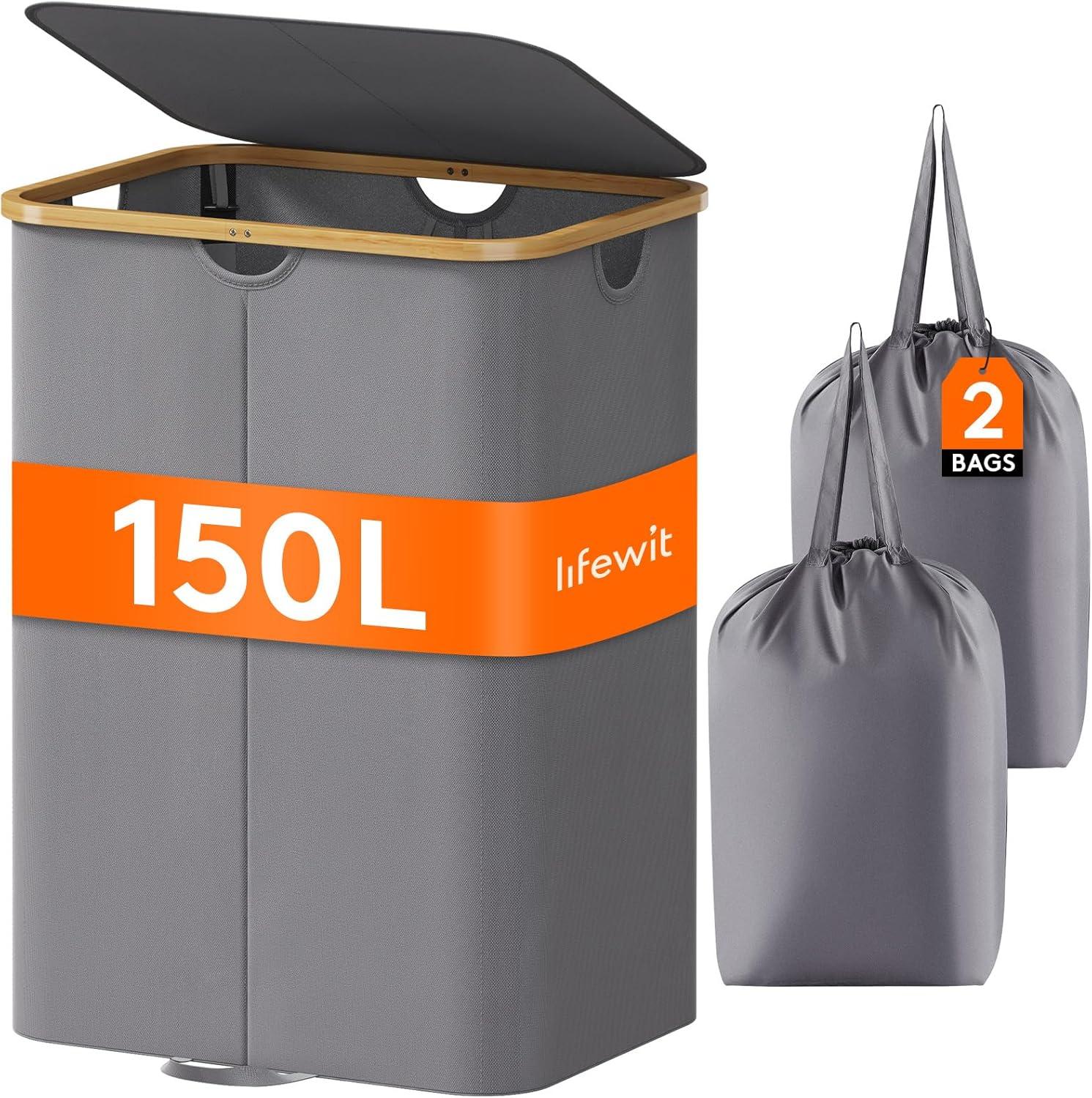 imageLifewit 120L Double Laundry Hamper with Lid Large Dual Laundry Basket Removable Bags 2 Sections Aesthetic Clothes Hampers for Laundry with Bamboo Handles for Bedroom Bathroom Dorm BlackGrey