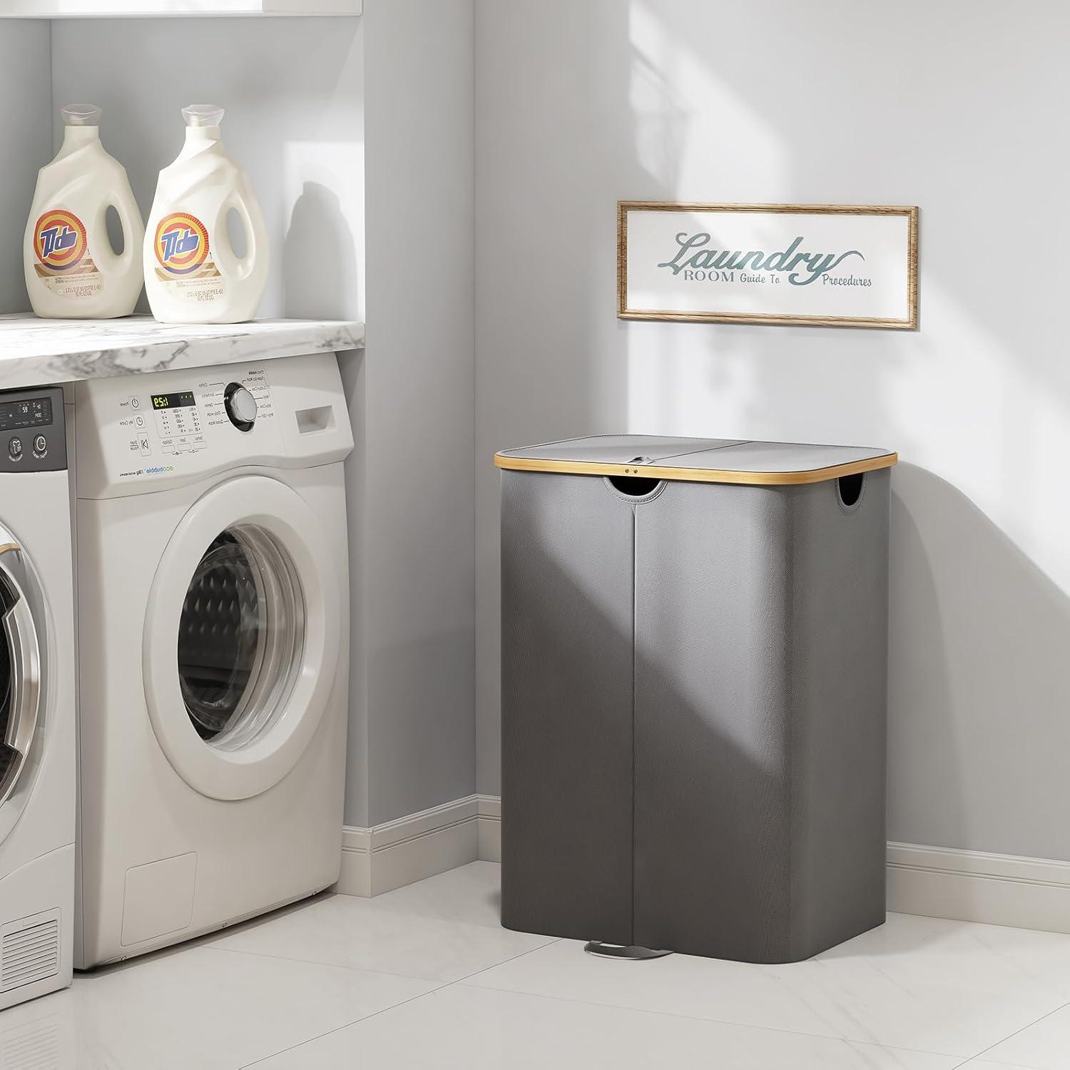 imageLifewit 120L Double Laundry Hamper with Lid Large Dual Laundry Basket Removable Bags 2 Sections Aesthetic Clothes Hampers for Laundry with Bamboo Handles for Bedroom Bathroom Dorm BlackGrey