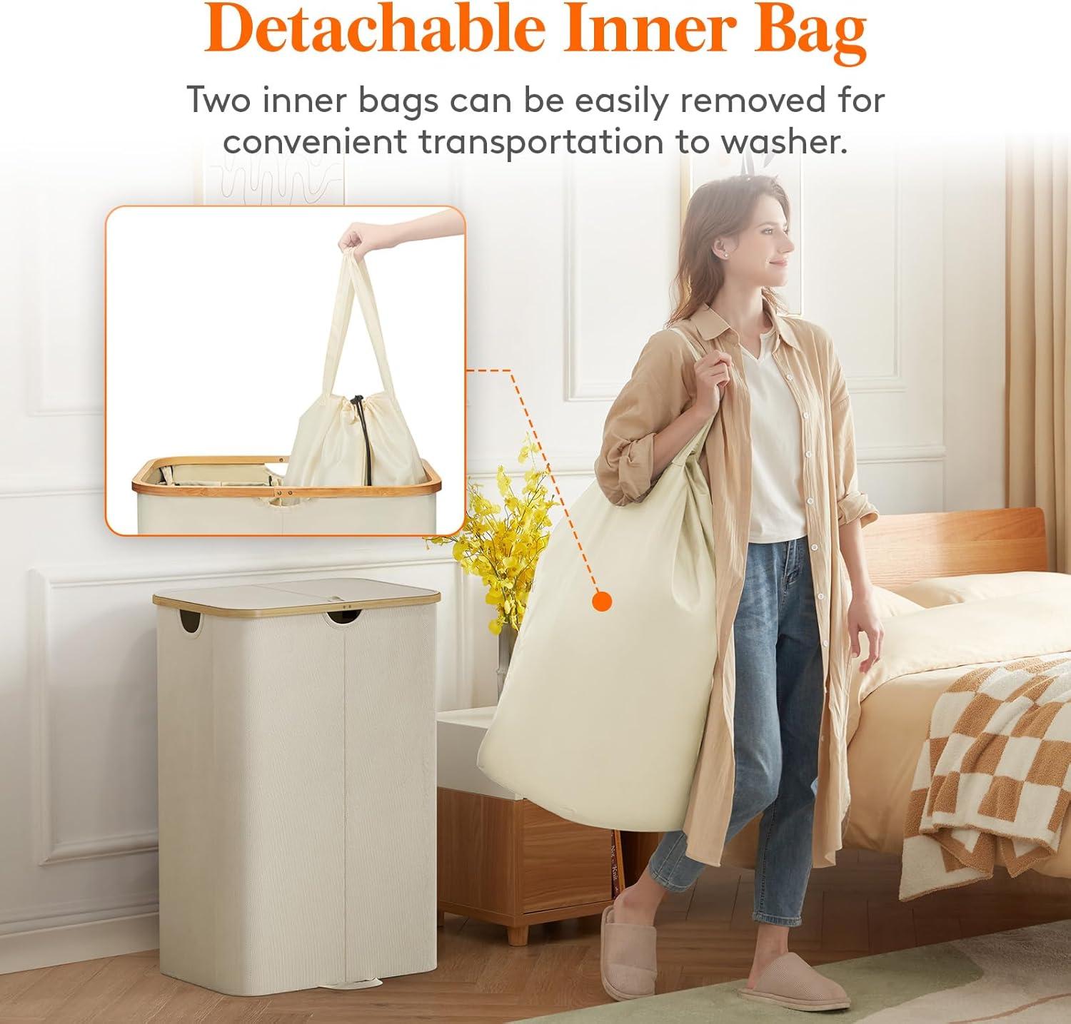 imageLifewit 120L Double Laundry Hamper with Lid Large Dual Laundry Basket Removable Bags 2 Sections Aesthetic Clothes Hampers for Laundry with Bamboo Handles for Bedroom Bathroom Dorm BlackBeige
