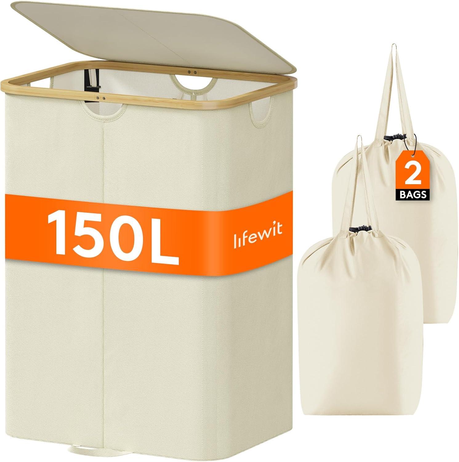 imageLifewit 120L Double Laundry Hamper with Lid Large Dual Laundry Basket Removable Bags 2 Sections Aesthetic Clothes Hampers for Laundry with Bamboo Handles for Bedroom Bathroom Dorm BlackBeige
