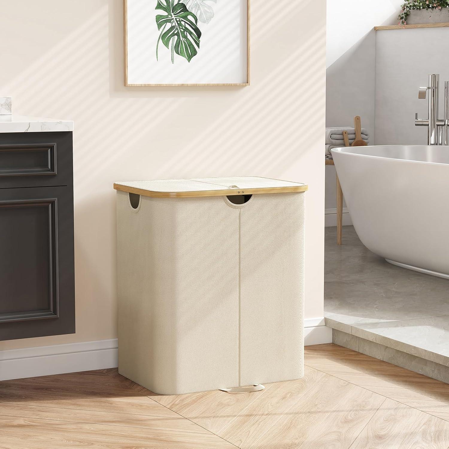 imageLifewit 120L Double Laundry Hamper with Lid Large Dual Laundry Basket Removable Bags 2 Sections Aesthetic Clothes Hampers for Laundry with Bamboo Handles for Bedroom Bathroom Dorm BlackBeige