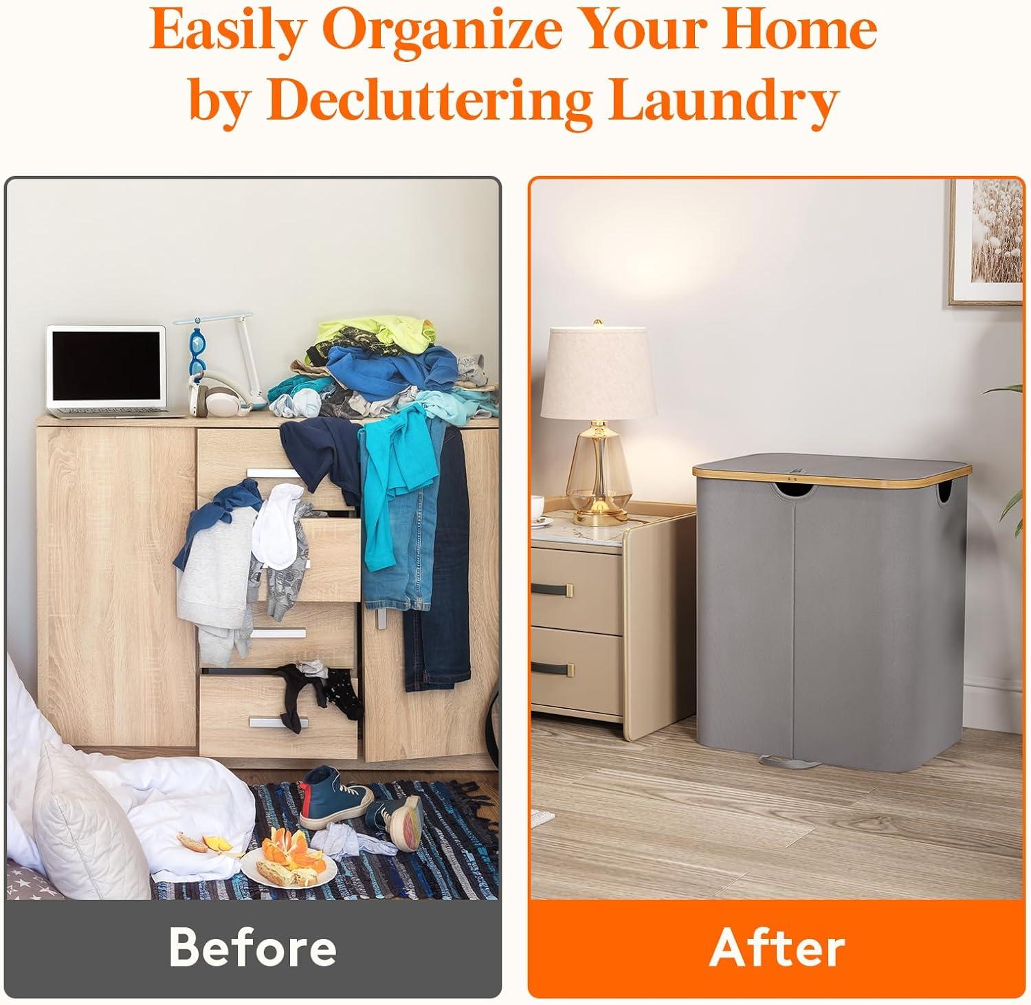 imageLifewit 120L Double Laundry Hamper with Lid Large Dual Laundry Basket Removable Bags 2 Sections Aesthetic Clothes Hampers for Laundry with Bamboo Handles for Bedroom Bathroom Dorm BlackGrey