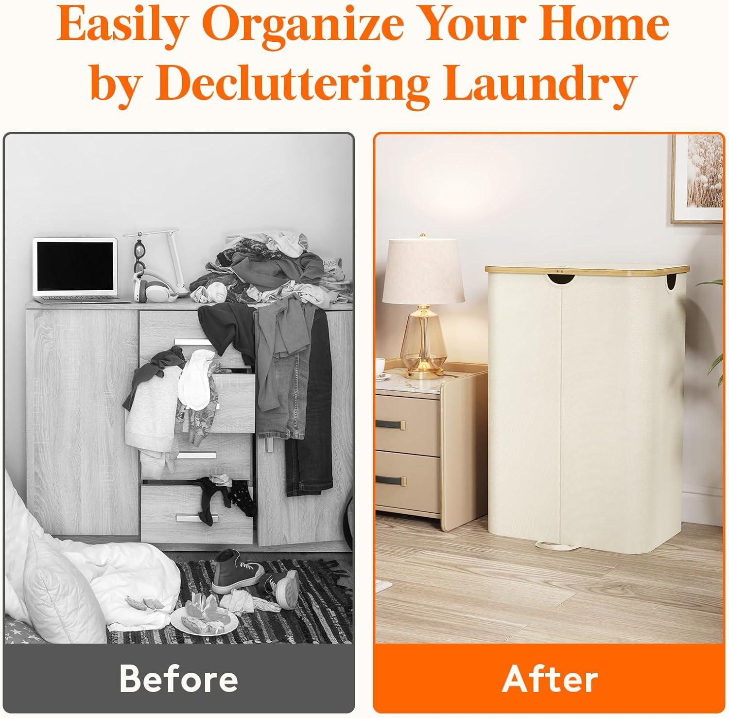 imageLifewit 120L Double Laundry Hamper with Lid Large Dual Laundry Basket Removable Bags 2 Sections Aesthetic Clothes Hampers for Laundry with Bamboo Handles for Bedroom Bathroom Dorm BlackBeige