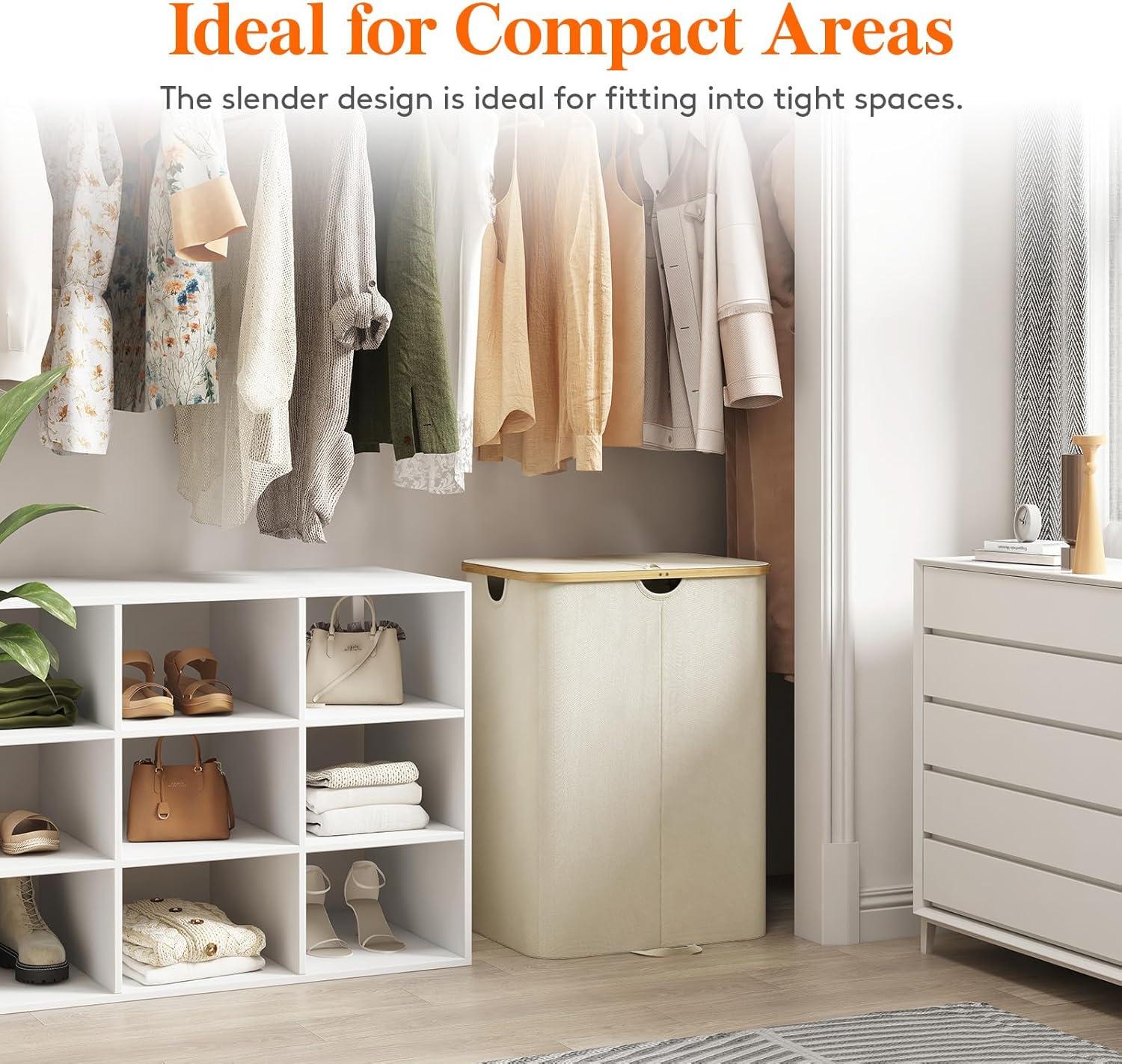 imageLifewit 120L Double Laundry Hamper with Lid Large Dual Laundry Basket Removable Bags 2 Sections Aesthetic Clothes Hampers for Laundry with Bamboo Handles for Bedroom Bathroom Dorm BlackBeige