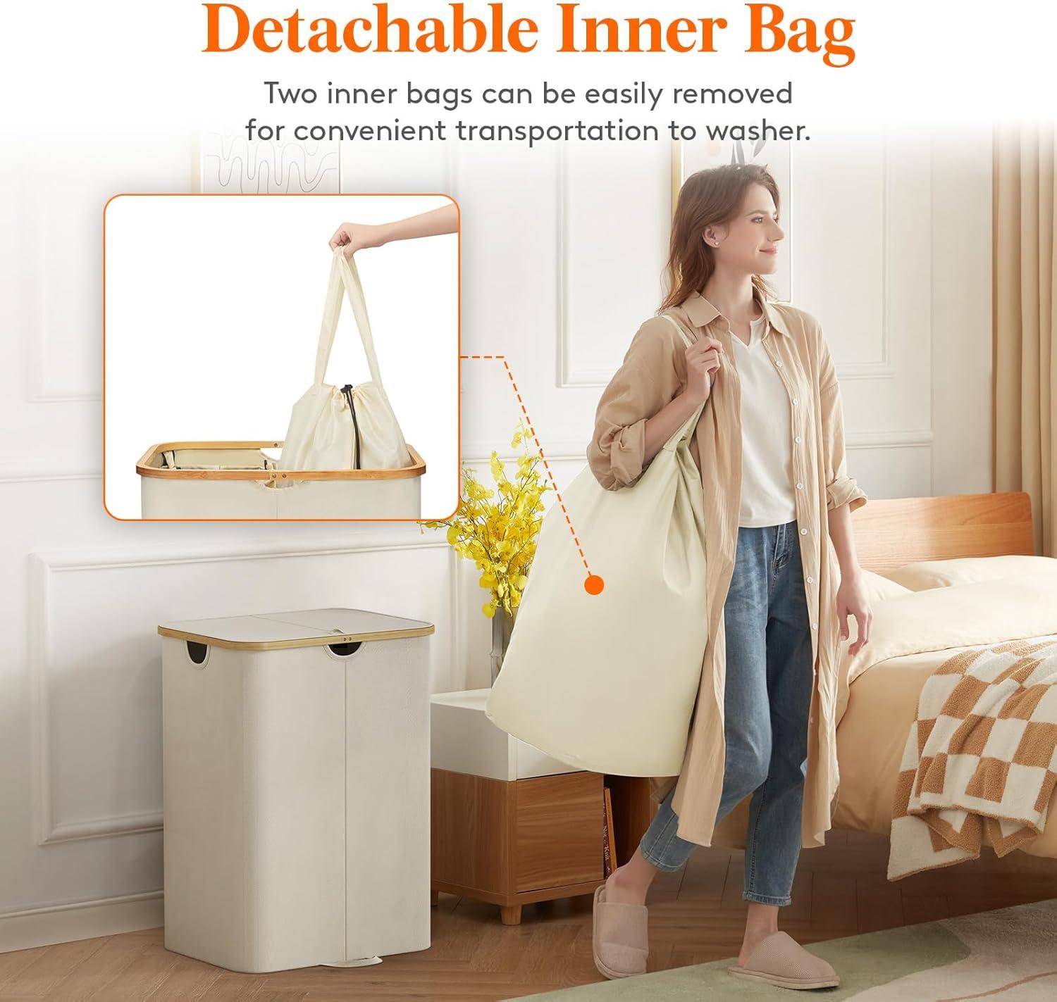 imageLifewit 120L Double Laundry Hamper with Lid Large Dual Laundry Basket Removable Bags 2 Sections Aesthetic Clothes Hampers for Laundry with Bamboo Handles for Bedroom Bathroom Dorm BlackBeige