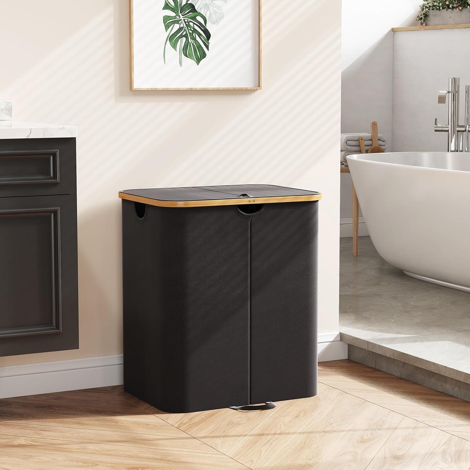 imageLifewit 120L Double Laundry Hamper with Lid Large Dual Laundry Basket Removable Bags 2 Sections Aesthetic Clothes Hampers for Laundry with Bamboo Handles for Bedroom Bathroom Dorm BlackBlack