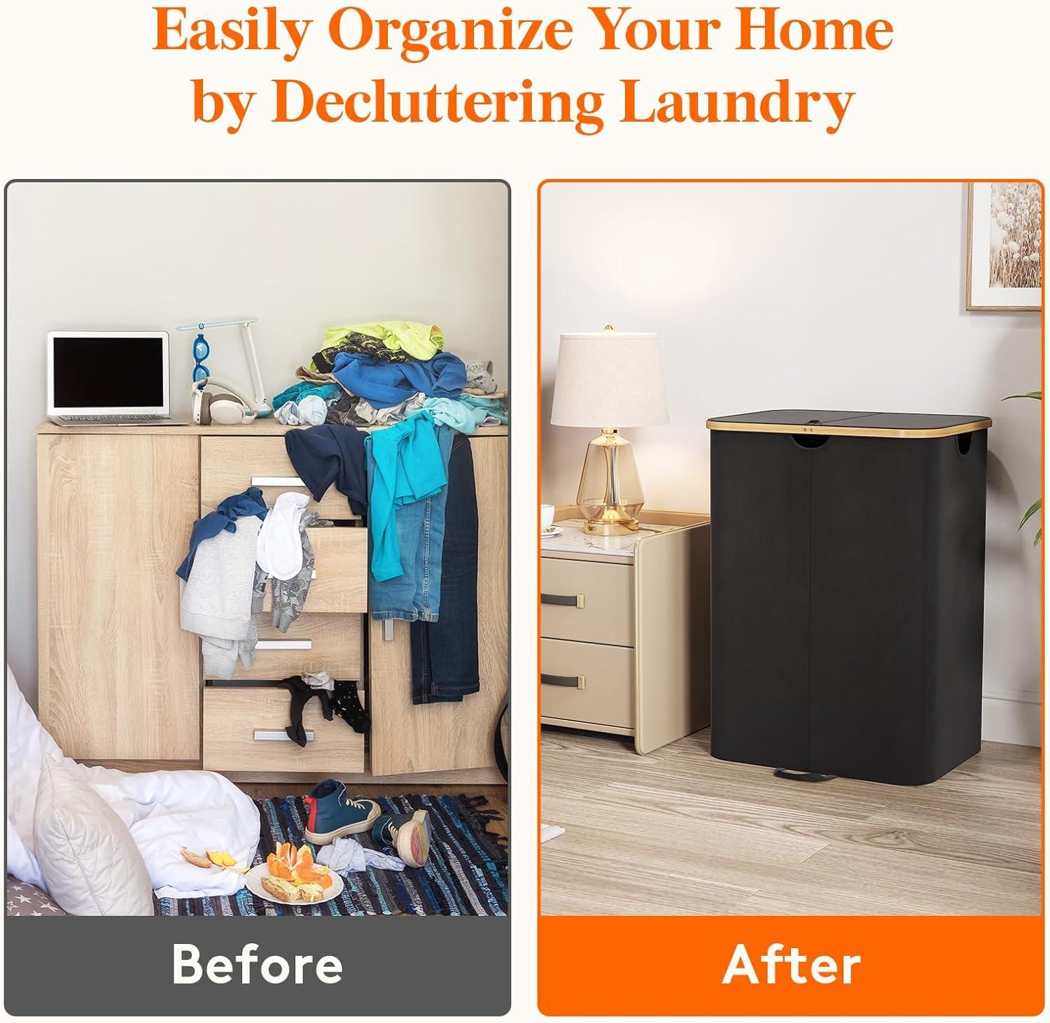 imageLifewit 120L Double Laundry Hamper with Lid Large Dual Laundry Basket Removable Bags 2 Sections Aesthetic Clothes Hampers for Laundry with Bamboo Handles for Bedroom Bathroom Dorm BlackBlack