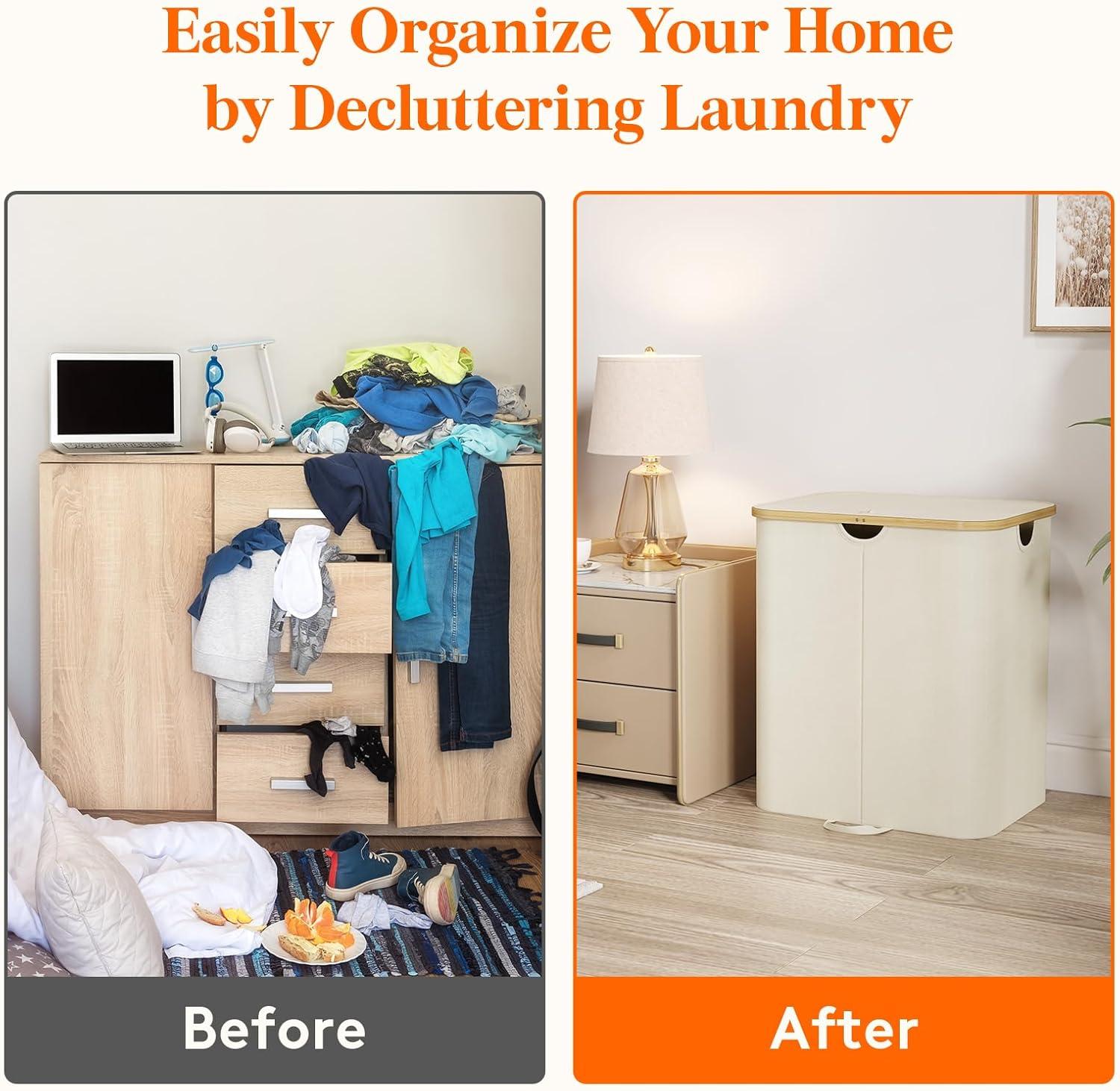 imageLifewit 120L Double Laundry Hamper with Lid Large Dual Laundry Basket Removable Bags 2 Sections Aesthetic Clothes Hampers for Laundry with Bamboo Handles for Bedroom Bathroom Dorm BlackBeige