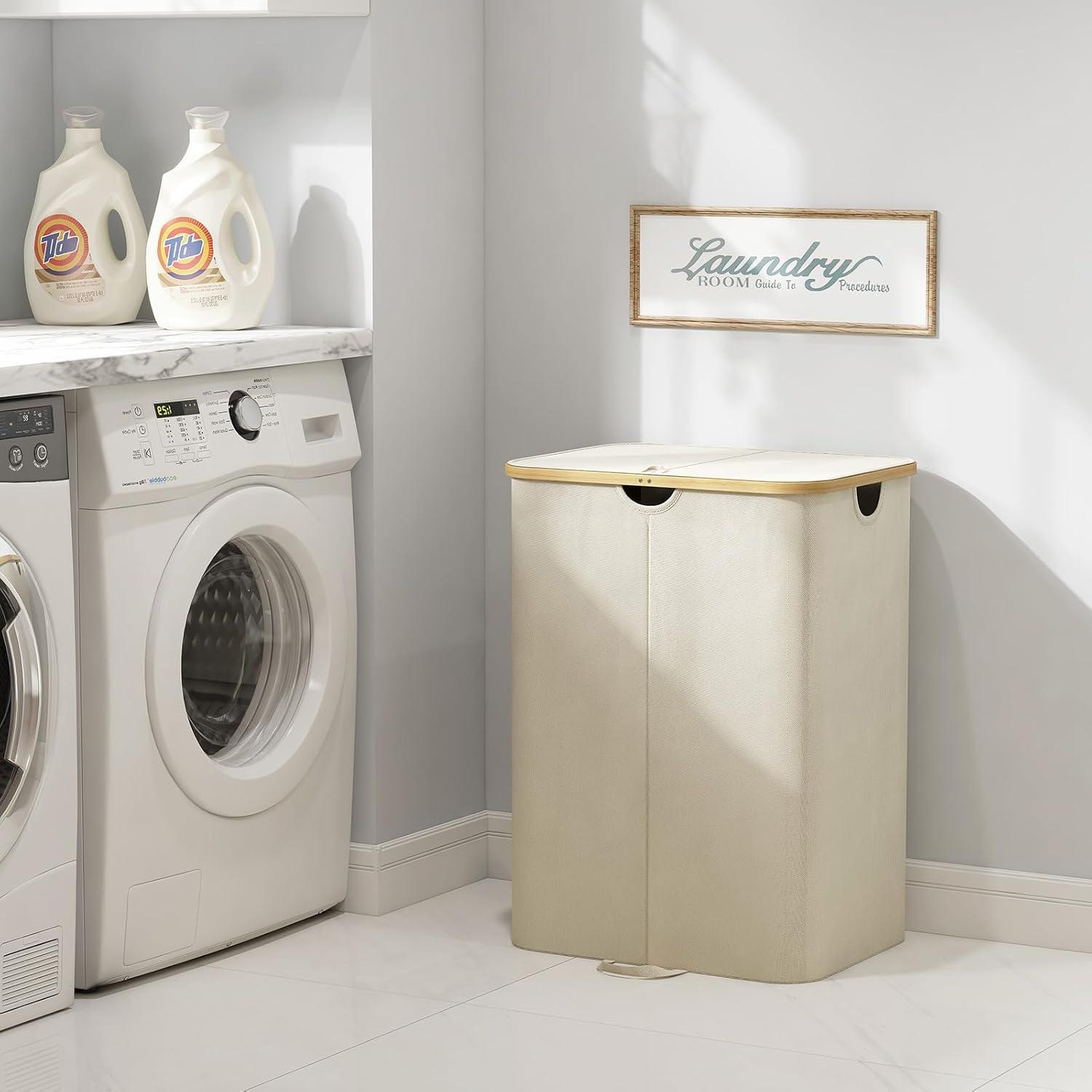 imageLifewit 120L Double Laundry Hamper with Lid Large Dual Laundry Basket Removable Bags 2 Sections Aesthetic Clothes Hampers for Laundry with Bamboo Handles for Bedroom Bathroom Dorm BlackBeige