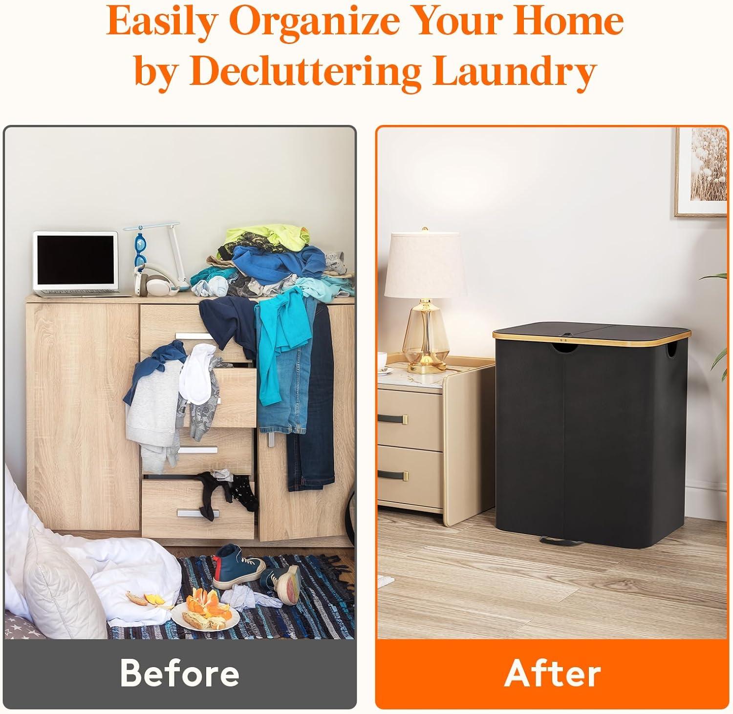 imageLifewit 120L Double Laundry Hamper with Lid Large Dual Laundry Basket Removable Bags 2 Sections Aesthetic Clothes Hampers for Laundry with Bamboo Handles for Bedroom Bathroom Dorm BlackBlack