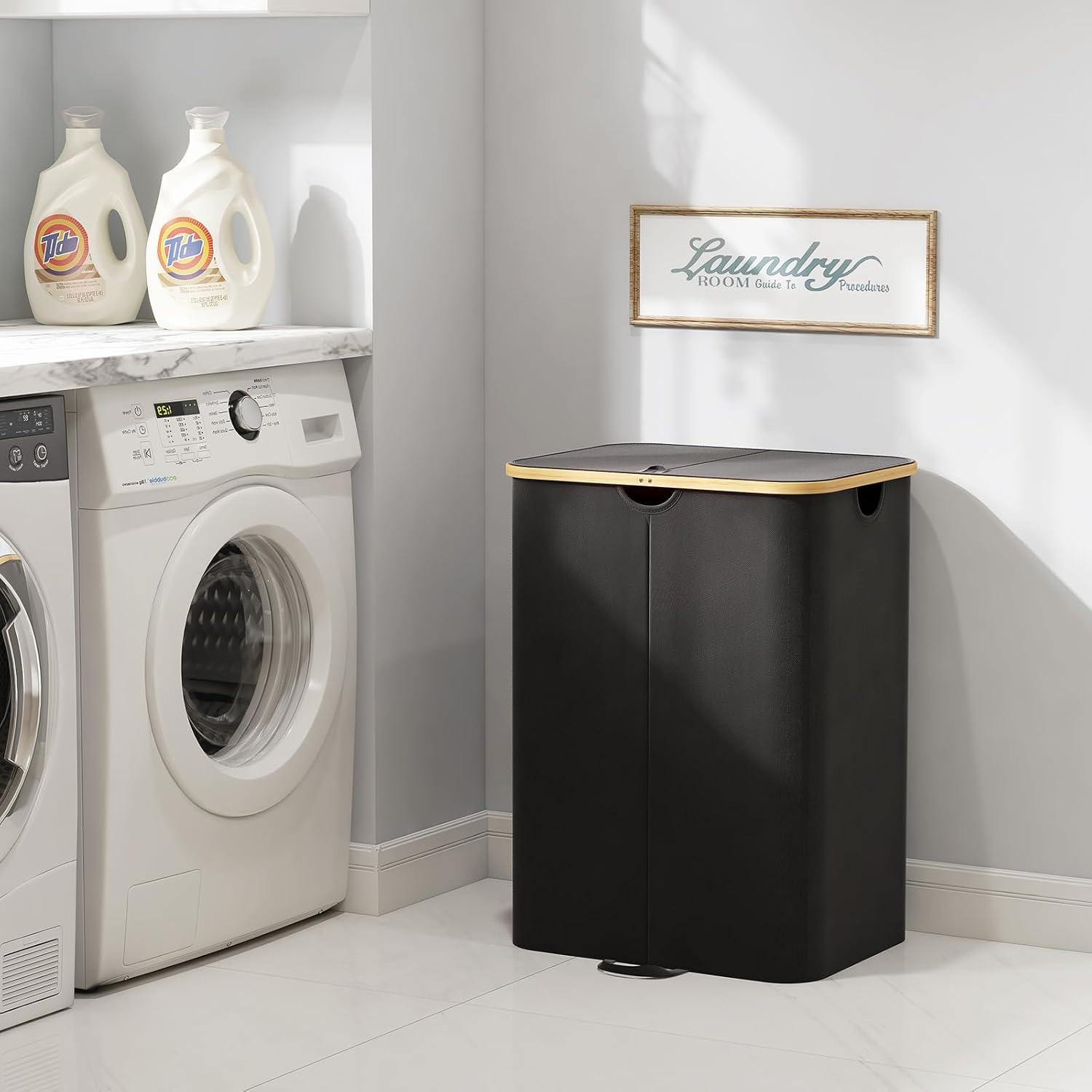 imageLifewit 120L Double Laundry Hamper with Lid Large Dual Laundry Basket Removable Bags 2 Sections Aesthetic Clothes Hampers for Laundry with Bamboo Handles for Bedroom Bathroom Dorm BlackBlack