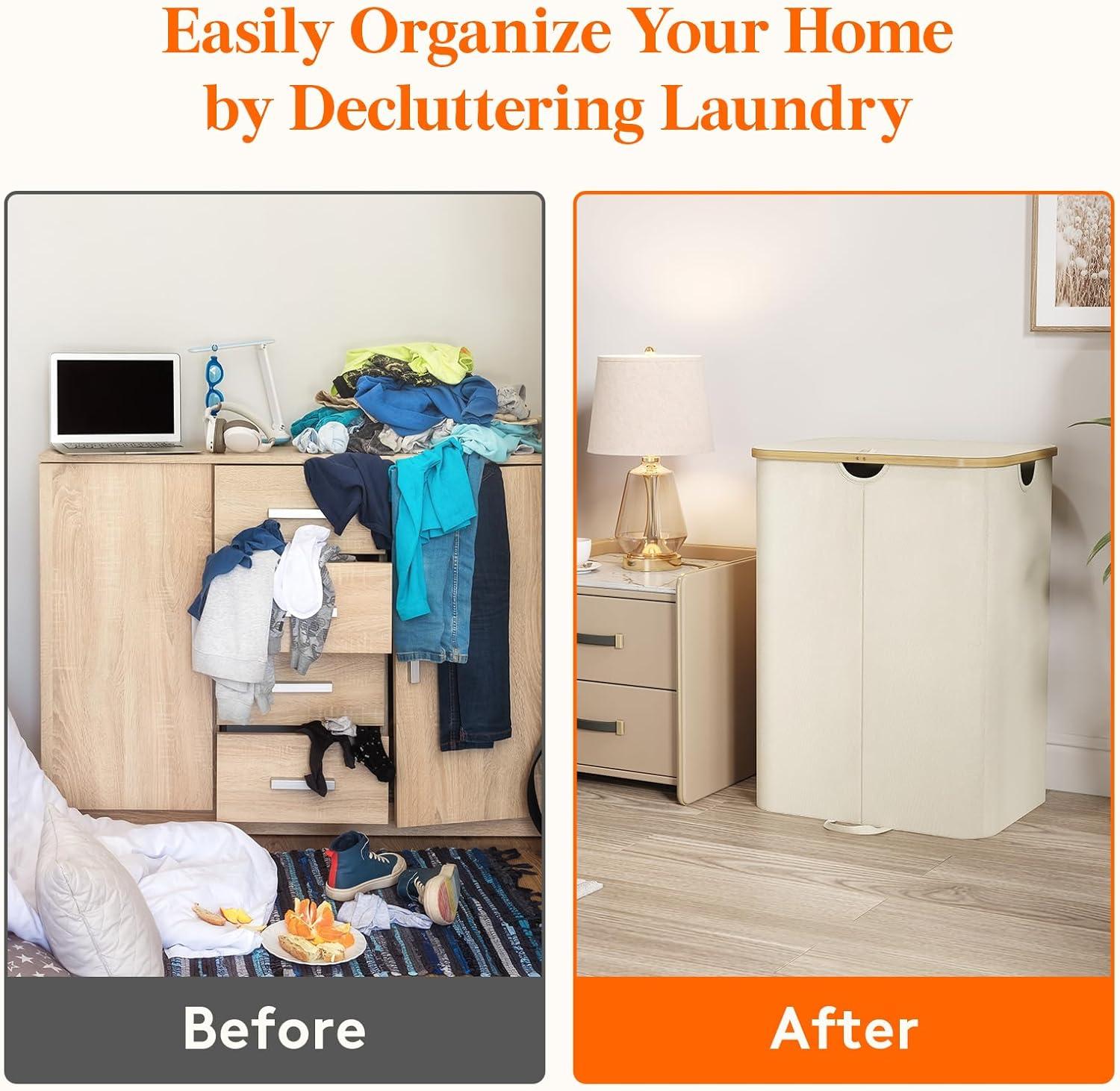 imageLifewit 120L Double Laundry Hamper with Lid Large Dual Laundry Basket Removable Bags 2 Sections Aesthetic Clothes Hampers for Laundry with Bamboo Handles for Bedroom Bathroom Dorm BlackBeige