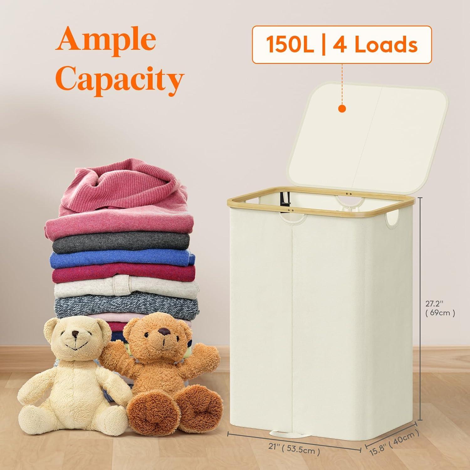 imageLifewit 120L Double Laundry Hamper with Lid Large Dual Laundry Basket Removable Bags 2 Sections Aesthetic Clothes Hampers for Laundry with Bamboo Handles for Bedroom Bathroom Dorm BlackBeige