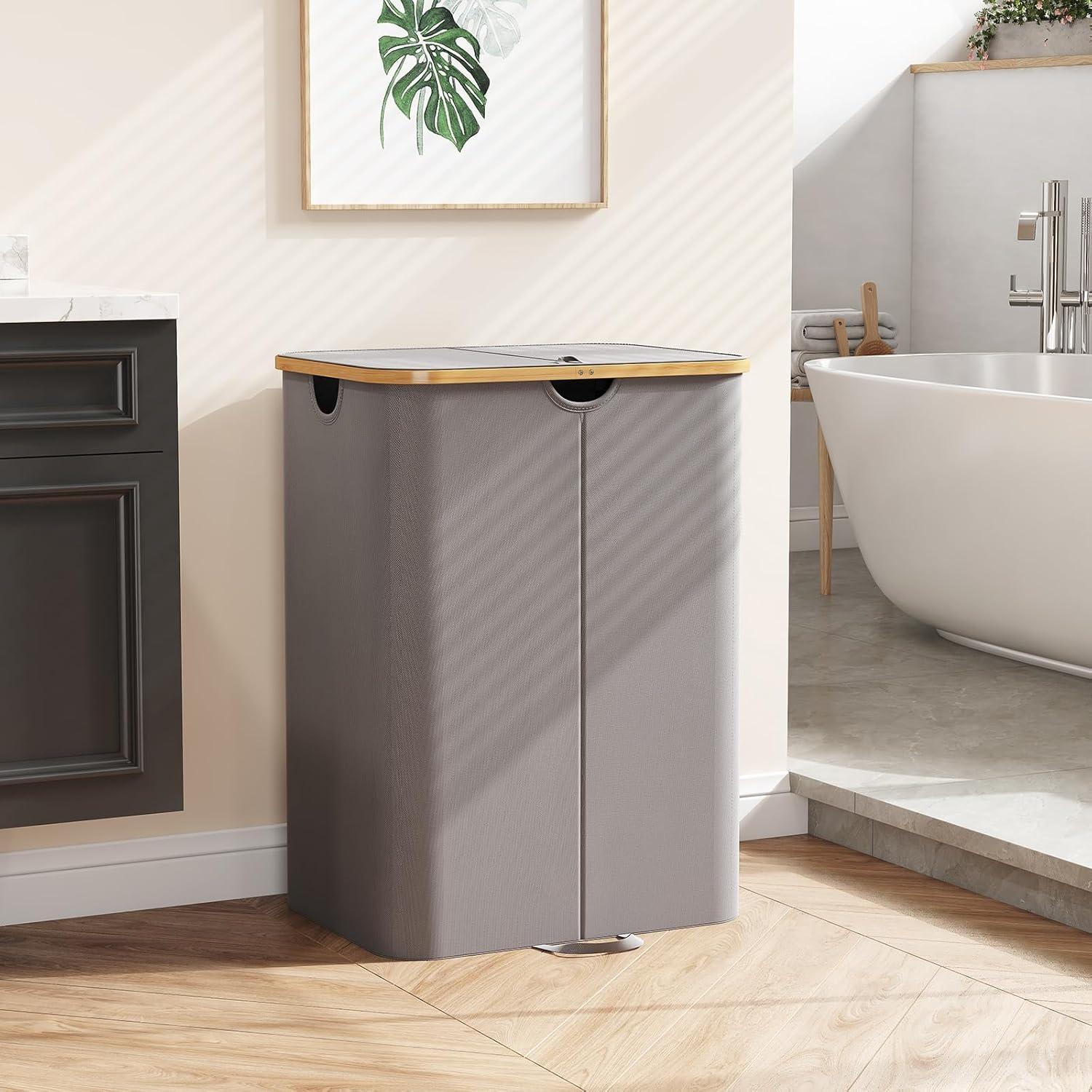 imageLifewit 120L Double Laundry Hamper with Lid Large Dual Laundry Basket Removable Bags 2 Sections Aesthetic Clothes Hampers for Laundry with Bamboo Handles for Bedroom Bathroom Dorm BlackGrey