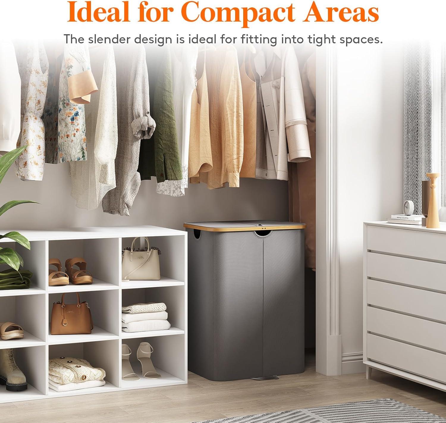 imageLifewit 120L Double Laundry Hamper with Lid Large Dual Laundry Basket Removable Bags 2 Sections Aesthetic Clothes Hampers for Laundry with Bamboo Handles for Bedroom Bathroom Dorm BlackGrey