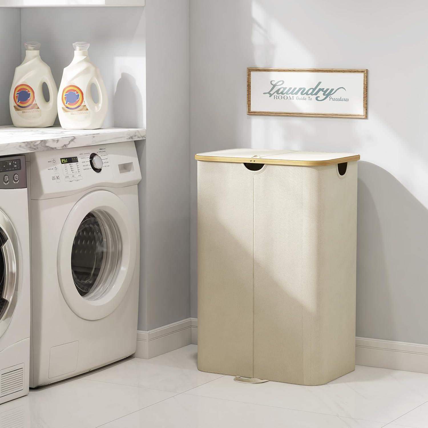 imageLifewit 120L Double Laundry Hamper with Lid Large Dual Laundry Basket Removable Bags 2 Sections Aesthetic Clothes Hampers for Laundry with Bamboo Handles for Bedroom Bathroom Dorm BlackBeige