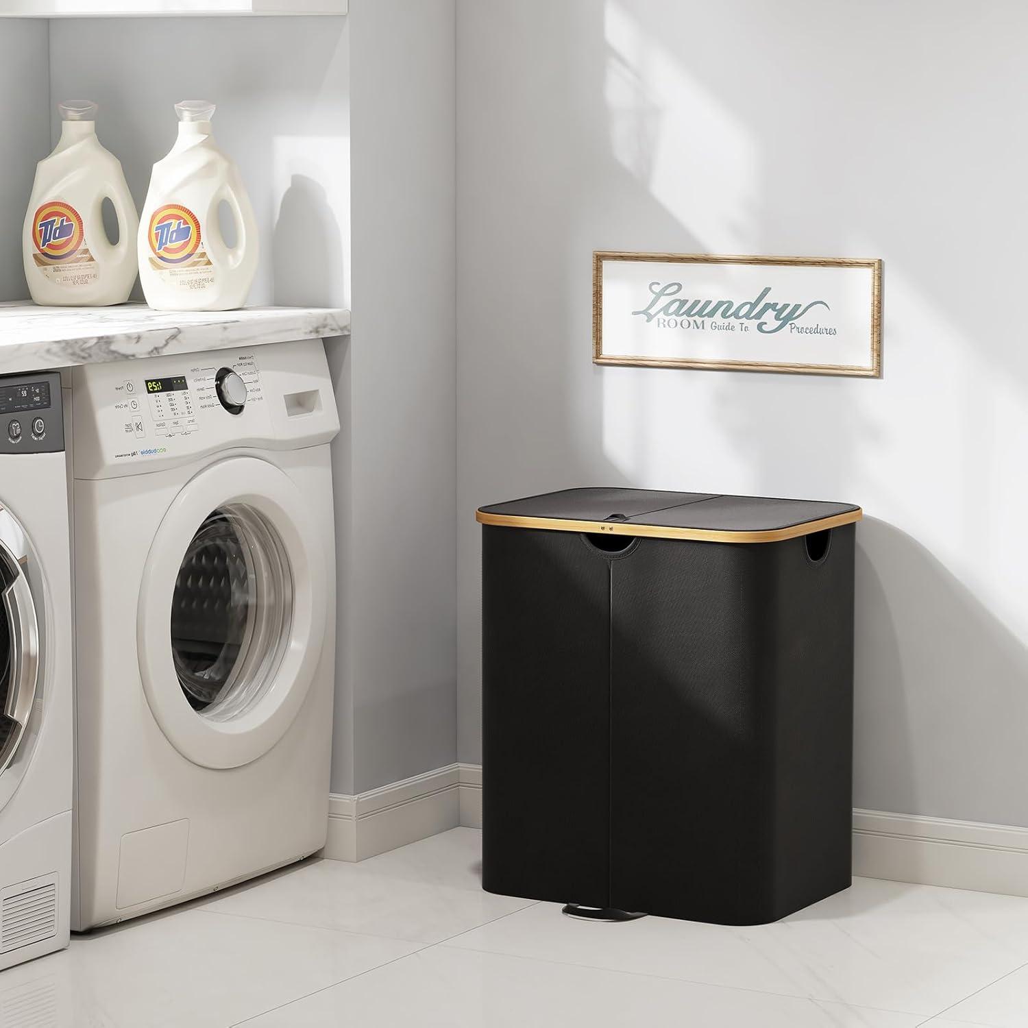 imageLifewit 120L Double Laundry Hamper with Lid Large Dual Laundry Basket Removable Bags 2 Sections Aesthetic Clothes Hampers for Laundry with Bamboo Handles for Bedroom Bathroom Dorm BlackBlack