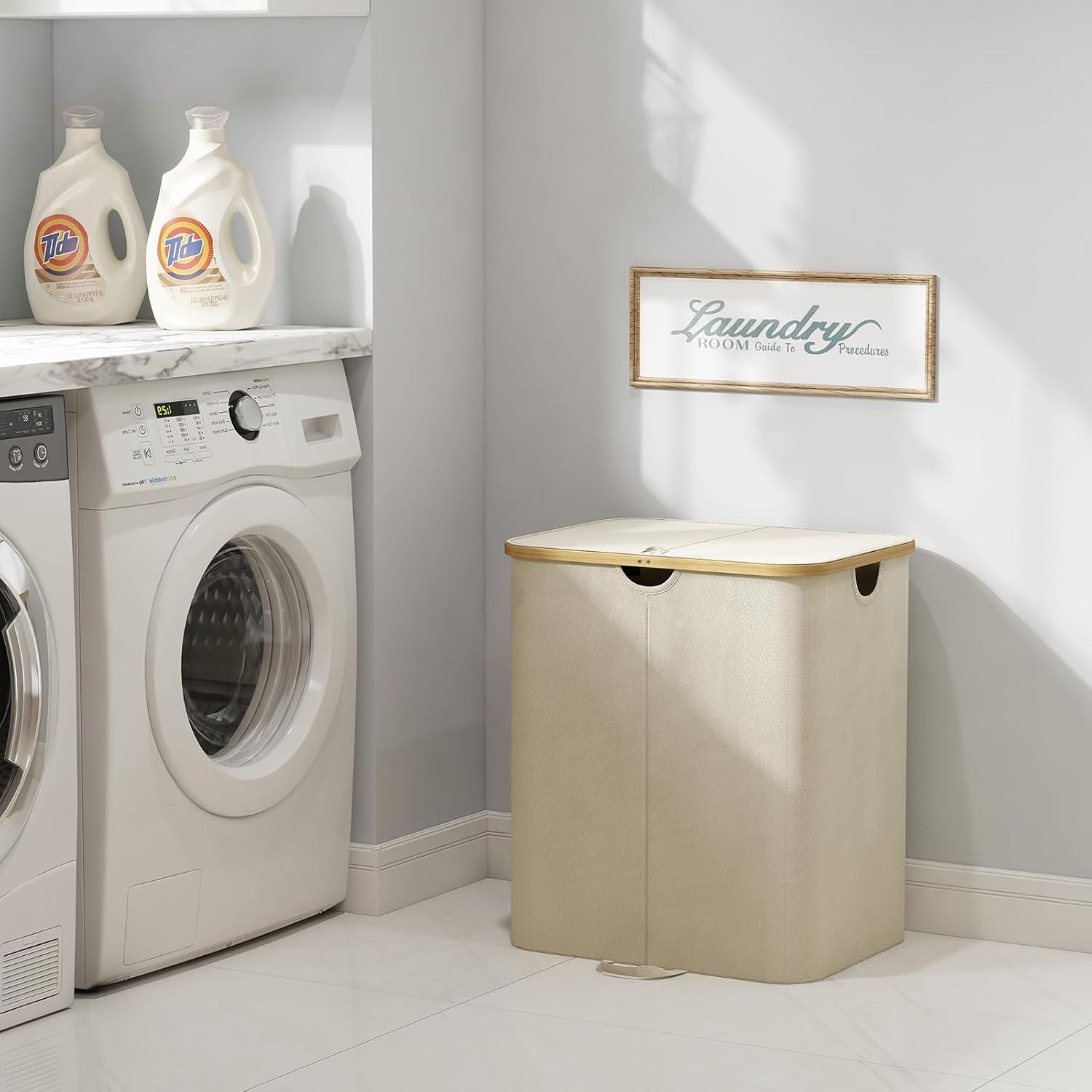 imageLifewit 120L Double Laundry Hamper with Lid Large Dual Laundry Basket Removable Bags 2 Sections Aesthetic Clothes Hampers for Laundry with Bamboo Handles for Bedroom Bathroom Dorm BlackBeige