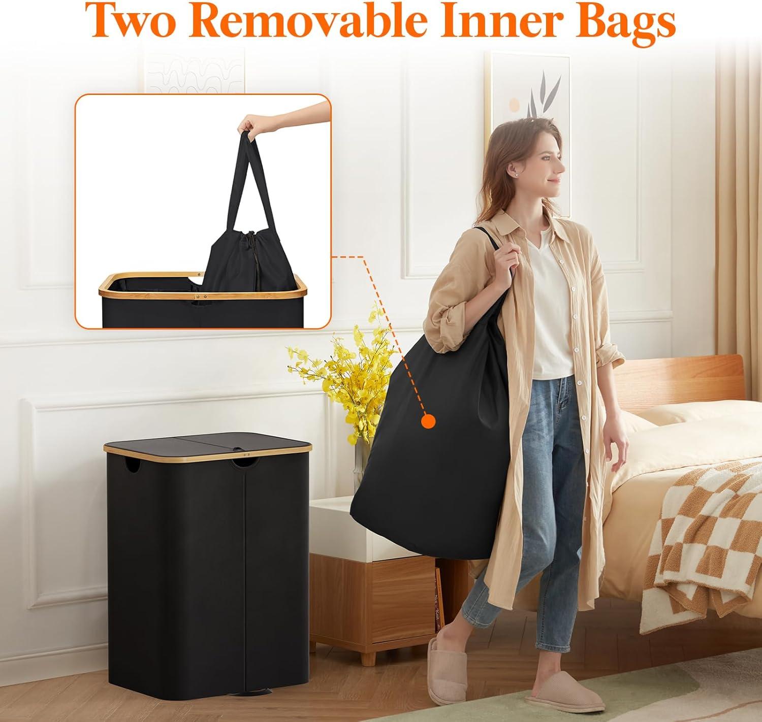 imageLifewit 120L Double Laundry Hamper with Lid Large Dual Laundry Basket Removable Bags 2 Sections Aesthetic Clothes Hampers for Laundry with Bamboo Handles for Bedroom Bathroom Dorm BlackBlack