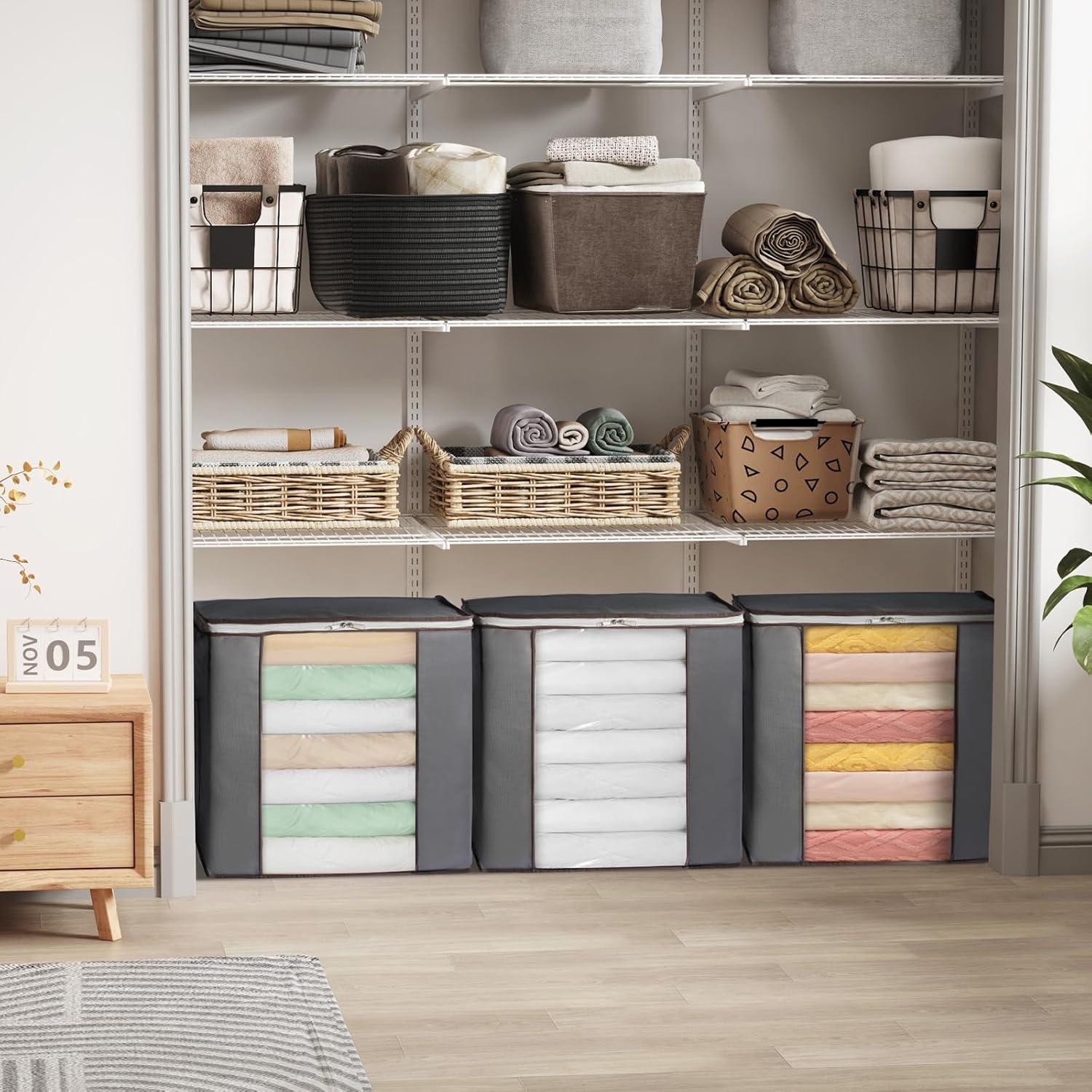 imageLifewit 120L Extra Large Blanket Storage Bags Foldable Comforter Storage with Reinforced Handles Clothes Storage Containers for King Comforter Bedding Pillow Sheet Storage Bin with Lids 3 Pack4