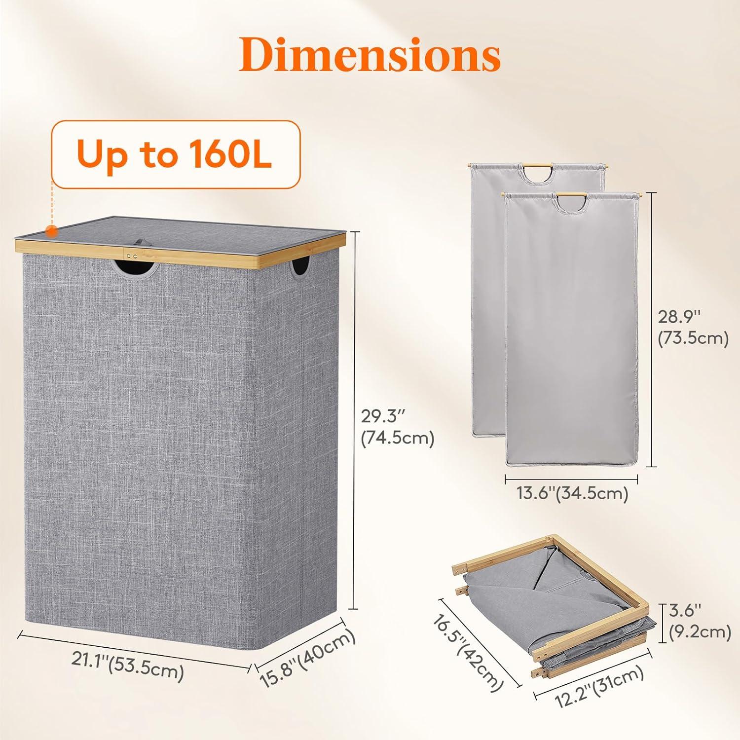 imageLifewit 160L Double Laundry Hamper with Lid Extra Large Bamboo Laundry Basket Dirty Clothes Hamper 2 Section Laundry Bin Organizer for Laundry Room Bedroom with 2 Removable Liners ampamp Bags BlackLight Gray