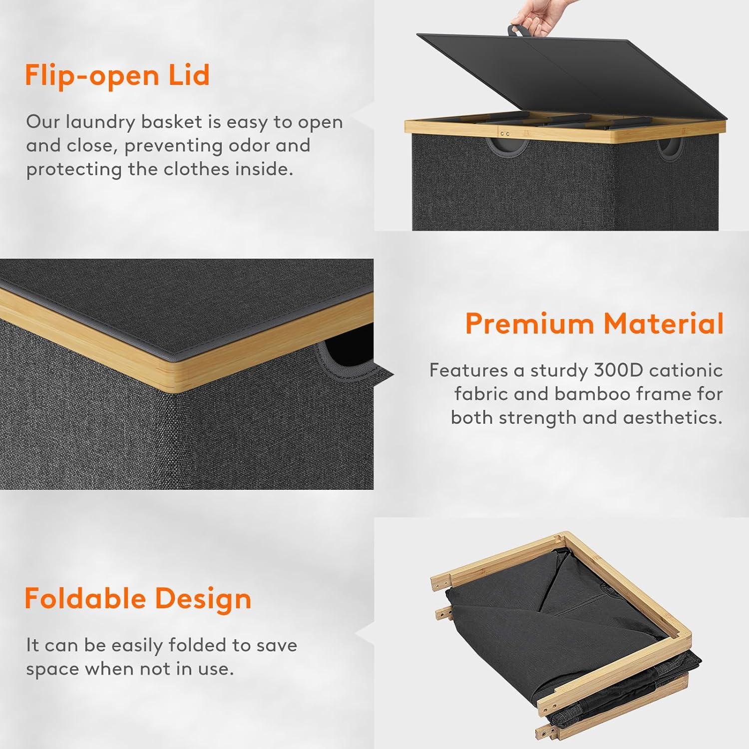 imageLifewit 160L Double Laundry Hamper with Lid Extra Large Bamboo Laundry Basket Dirty Clothes Hamper 2 Section Laundry Bin Organizer for Laundry Room Bedroom with 2 Removable Liners ampamp Bags BlackDark Gray