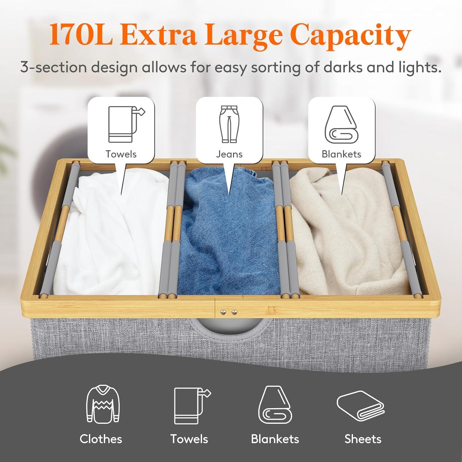 imageLifewit 160L Double Laundry Hamper with Lid Extra Large Bamboo Laundry Basket Dirty Clothes Hamper 2 Section Laundry Bin Organizer for Laundry Room Bedroom with 2 Removable Liners ampamp Bags BlackLight Gray