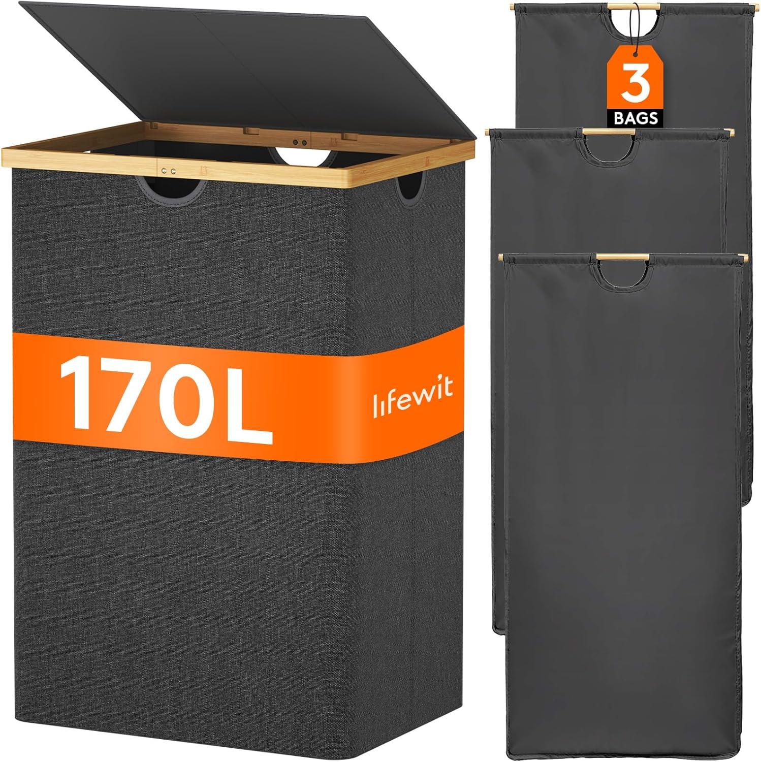 imageLifewit 160L Double Laundry Hamper with Lid Extra Large Bamboo Laundry Basket Dirty Clothes Hamper 2 Section Laundry Bin Organizer for Laundry Room Bedroom with 2 Removable Liners ampamp Bags BlackDark Gray