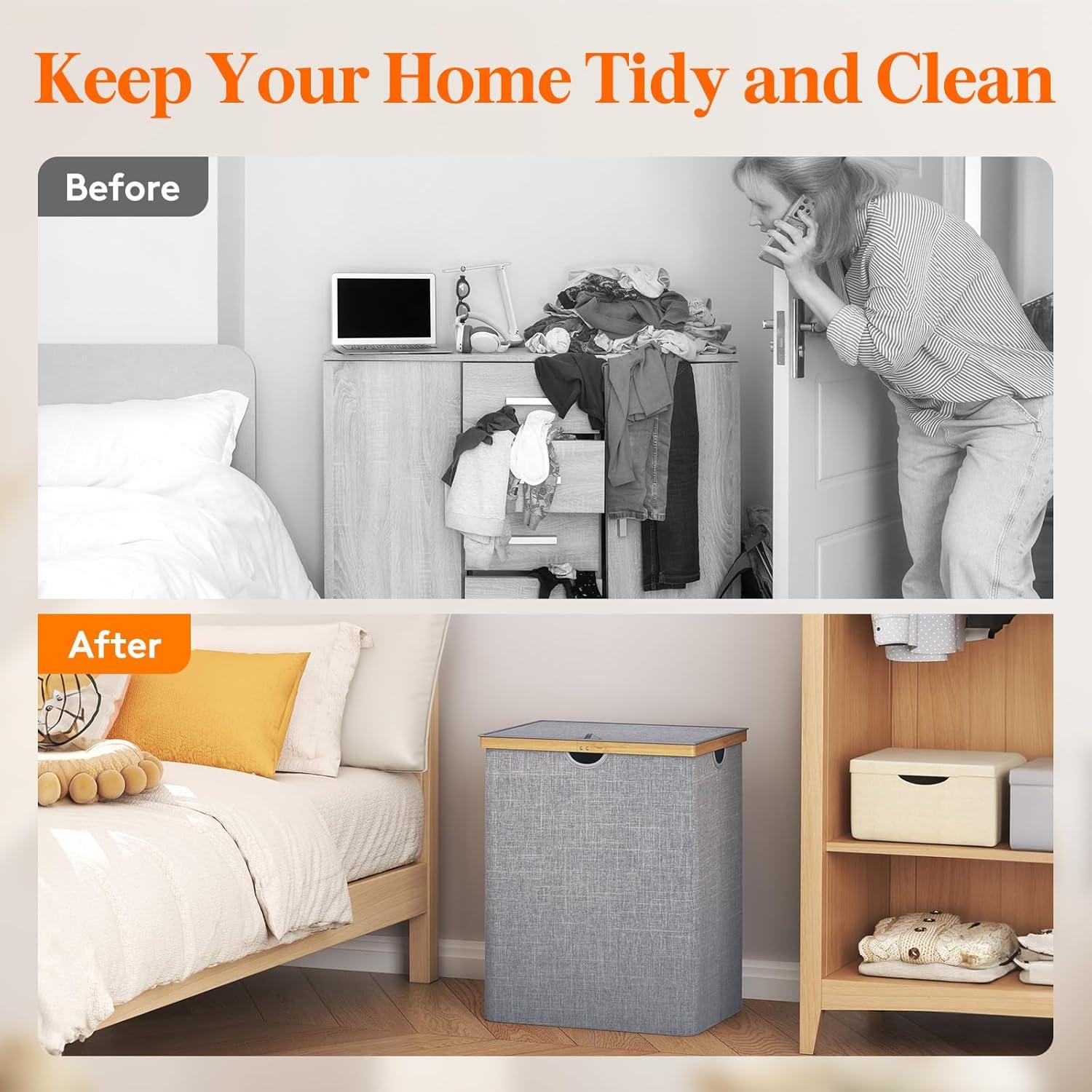 imageLifewit 160L Double Laundry Hamper with Lid Extra Large Bamboo Laundry Basket Dirty Clothes Hamper 2 Section Laundry Bin Organizer for Laundry Room Bedroom with 2 Removable Liners ampamp Bags BlackLight Gray