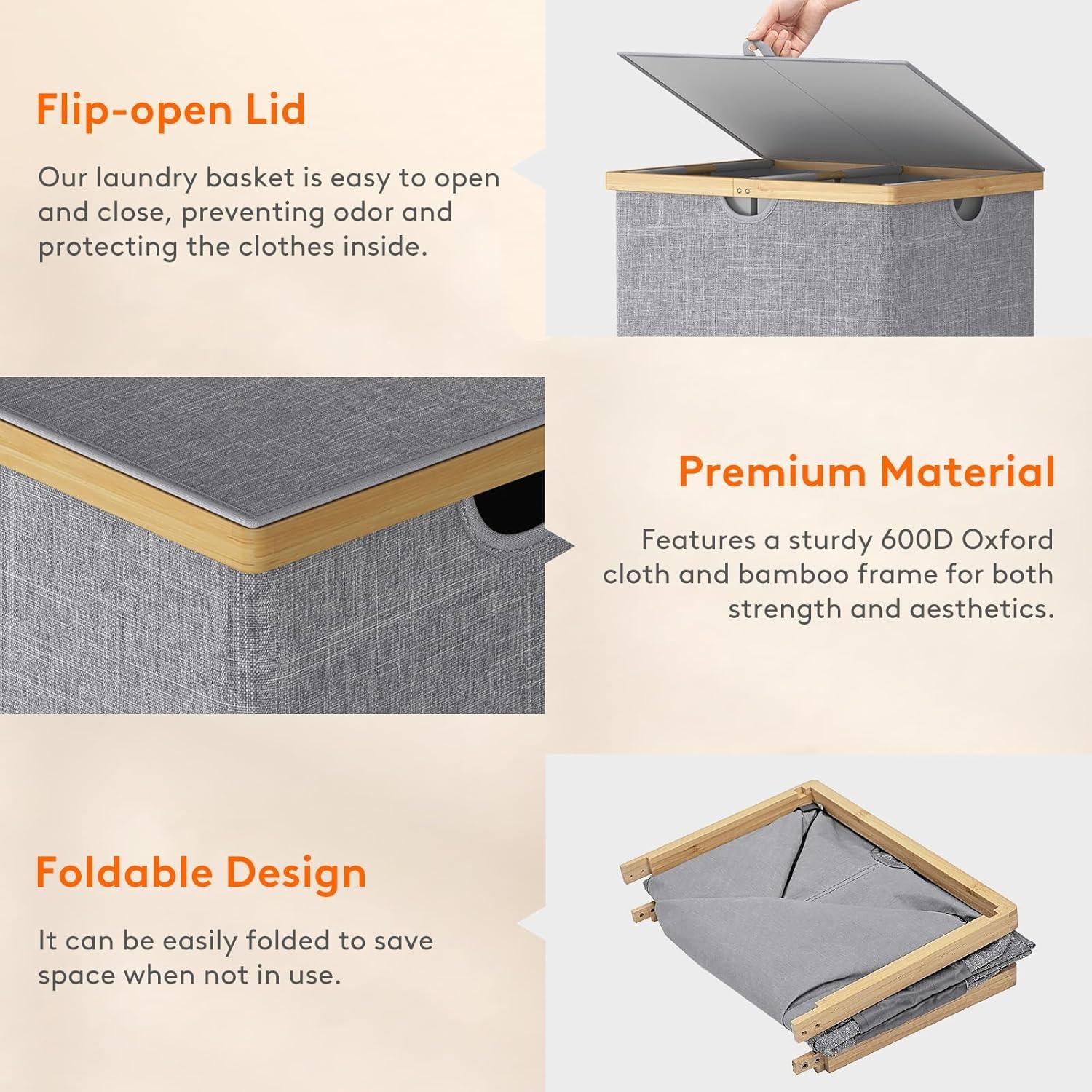 imageLifewit 160L Double Laundry Hamper with Lid Extra Large Bamboo Laundry Basket Dirty Clothes Hamper 2 Section Laundry Bin Organizer for Laundry Room Bedroom with 2 Removable Liners ampamp Bags BlackLight Gray