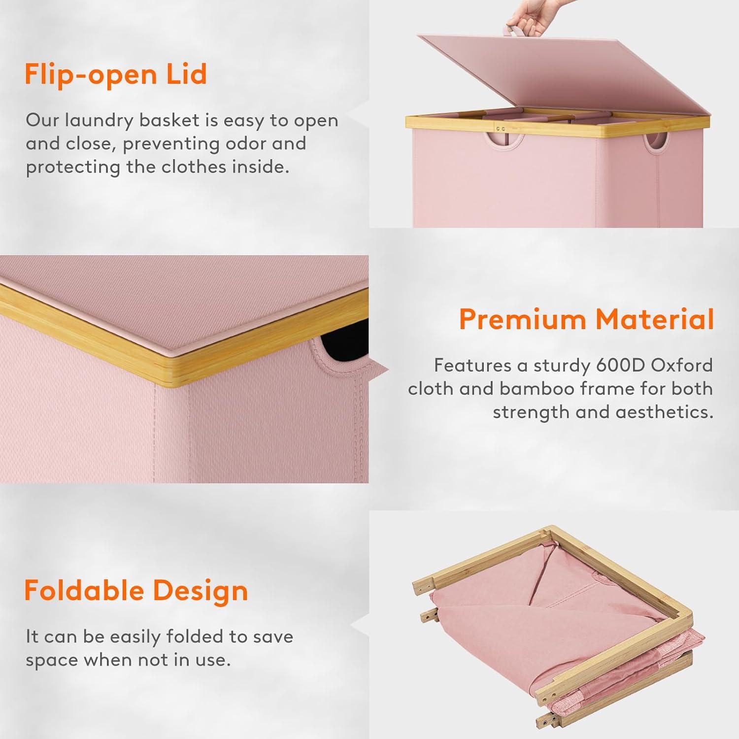 imageLifewit 160L Double Laundry Hamper with Lid Extra Large Bamboo Laundry Basket Dirty Clothes Hamper 2 Section Laundry Bin Organizer for Laundry Room Bedroom with 2 Removable Liners ampamp Bags BlackPink