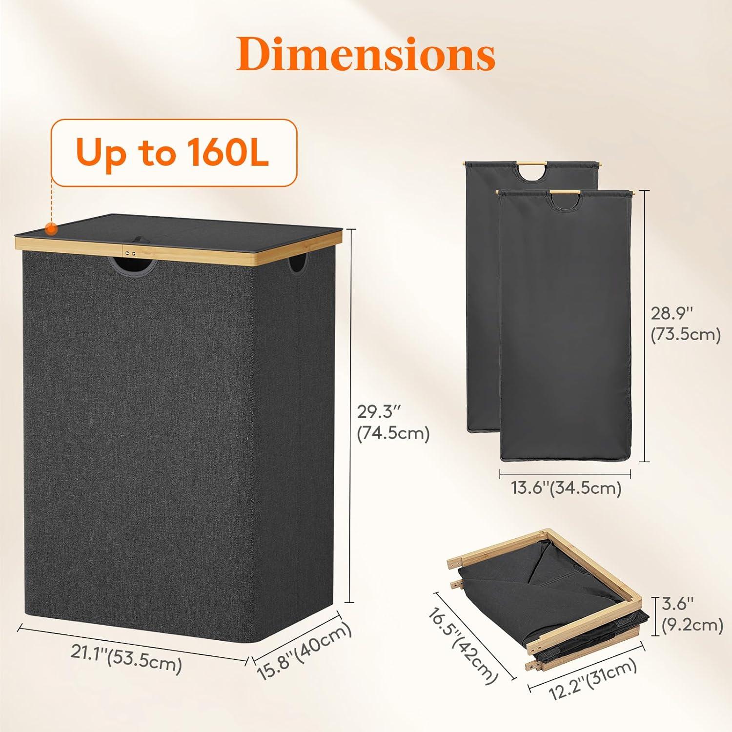 imageLifewit 160L Double Laundry Hamper with Lid Extra Large Bamboo Laundry Basket Dirty Clothes Hamper 2 Section Laundry Bin Organizer for Laundry Room Bedroom with 2 Removable Liners ampamp Bags BlackDark Gray