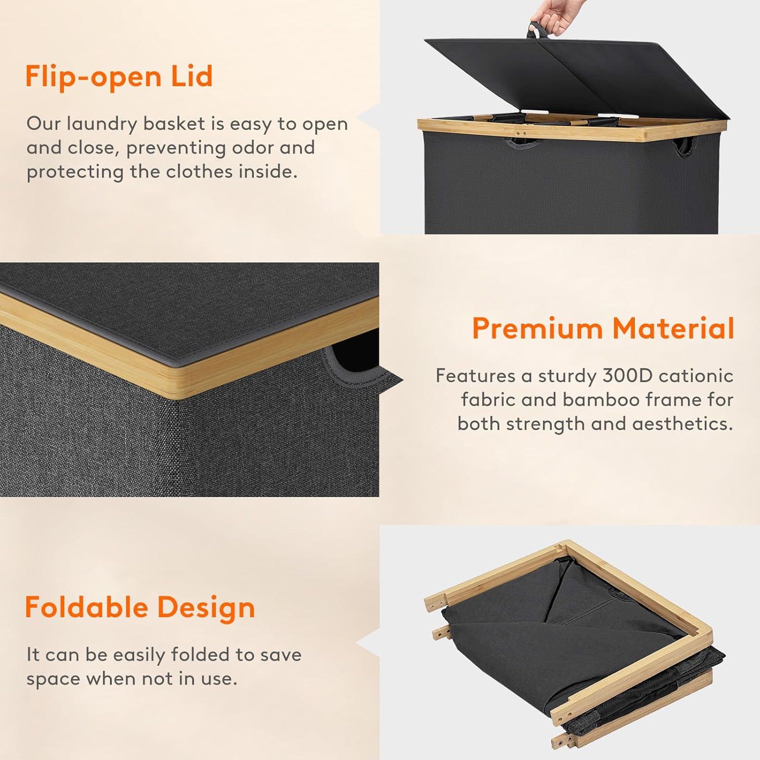 imageLifewit 160L Double Laundry Hamper with Lid Extra Large Bamboo Laundry Basket Dirty Clothes Hamper 2 Section Laundry Bin Organizer for Laundry Room Bedroom with 2 Removable Liners ampamp Bags BlackDark Gray